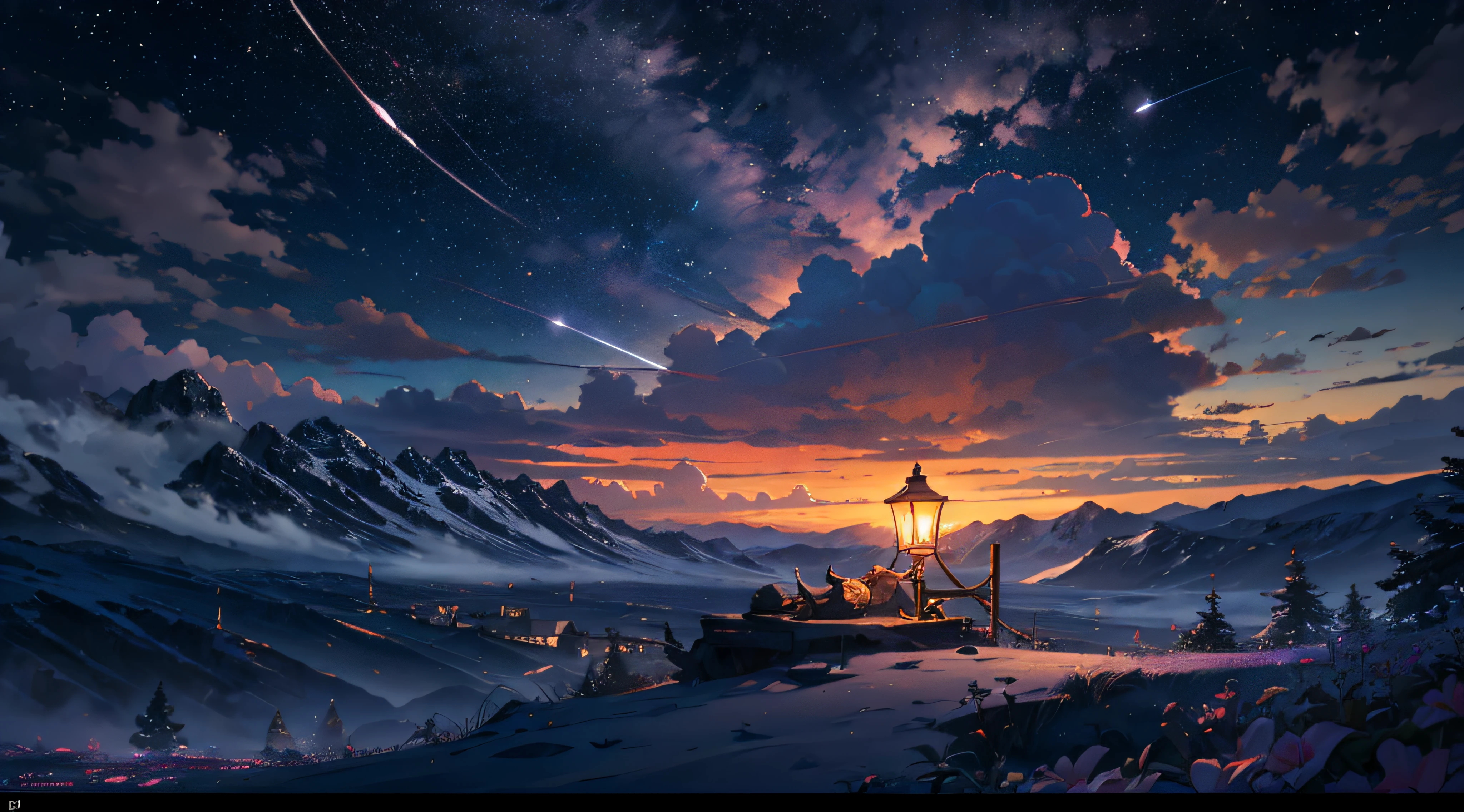 Expansive landscape photograph,(moon full:1.2),(meteors:0.9),(Starcloud:1.3),(Warm light source:1.2),(glowworm:1.2),lamp lights,Lots of purple and orange,Complicated details,Volumetriclighting,Realism BREAK(tmasterpiece:1.2),(best qualtiy),8K,Ultra-detailed,(dynamic compositions:1.4),The is very detailed,Colorful details,(Irridescent color:1.2),(luminouslighting,Atmospheric lighting),dream magical,magical,(独奏:1.2),((best qualtiy)), ((tmasterpiece)), (the detail:1.4),depth of fields,maximum definition and sharpness,perfectly proportions,Fluttering clouds,Wallpapers