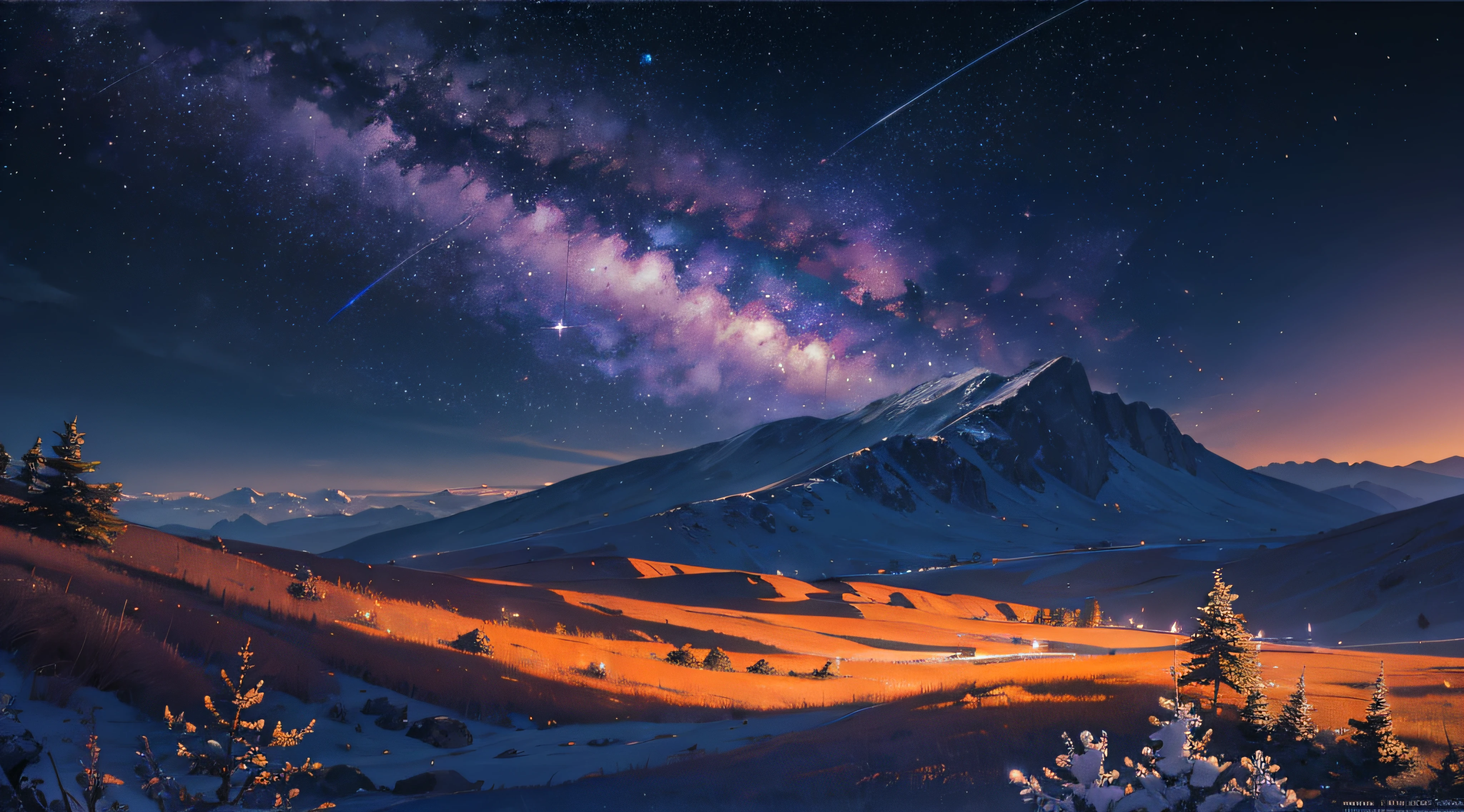 Expansive landscape photograph,(moon full:1.2),(meteors:0.9),(Starcloud:1.3),(Warm light source:1.2),(glowworm:1.2),lamp lights,Lots of purple and orange,Complicated details,Volumetriclighting,Realism BREAK(tmasterpiece:1.2),(best qualtiy),8K,Ultra-detailed,(dynamic compositions:1.4),The is very detailed,Colorful details,(Irridescent color:1.2),(luminouslighting,Atmospheric lighting),dream magical,magical,(独奏:1.2),((best qualtiy)), ((tmasterpiece)), (the detail:1.4),depth of fields,maximum definition and sharpness,perfectly proportions,Fluttering clouds,Wallpapers