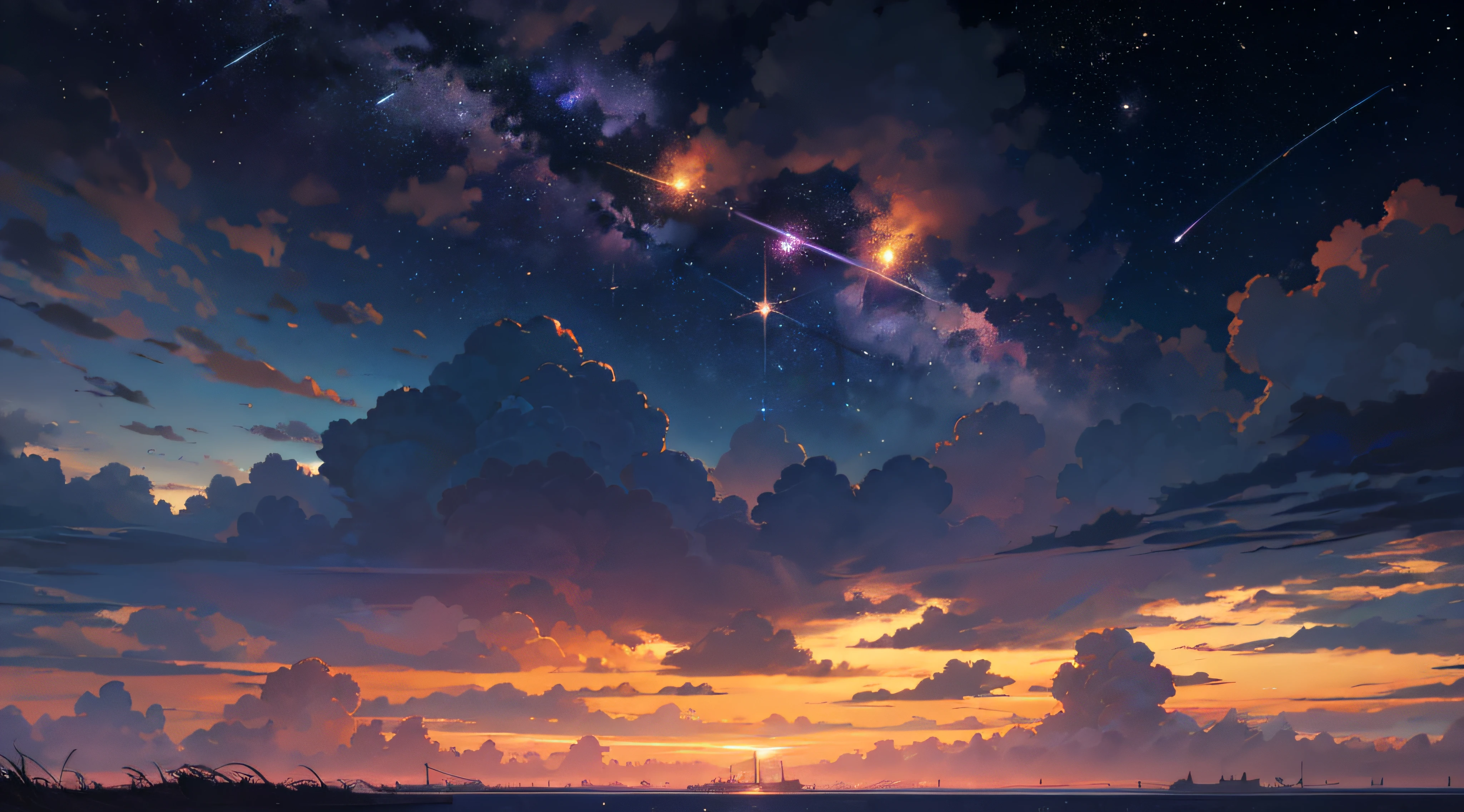 Expansive landscape photograph，（moon full：1.2），（meteors：0.9），（Starcloud：1.3），（Warm light source：1.2），（glowworm：1.2），lamp lights，Lots of purple and orange，Complicated details，Volumetriclighting，Realism BREAK（tmasterpiece：1.2），（best qualtiy），8K，Ultra-detailed，（dynamic compositions：1.4），The is very detailed，Colorful details，（Irridescent color：1.2），（luminouslighting，Atmospheric lighting），dream magical，magical，（独奏：1.2），（（best qualtiy））， （（tmasterpiece））， （the detail：1.4），depth of fields，maximum definition and sharpness，perfectly proportions，Fluttering clouds，Wallpapers