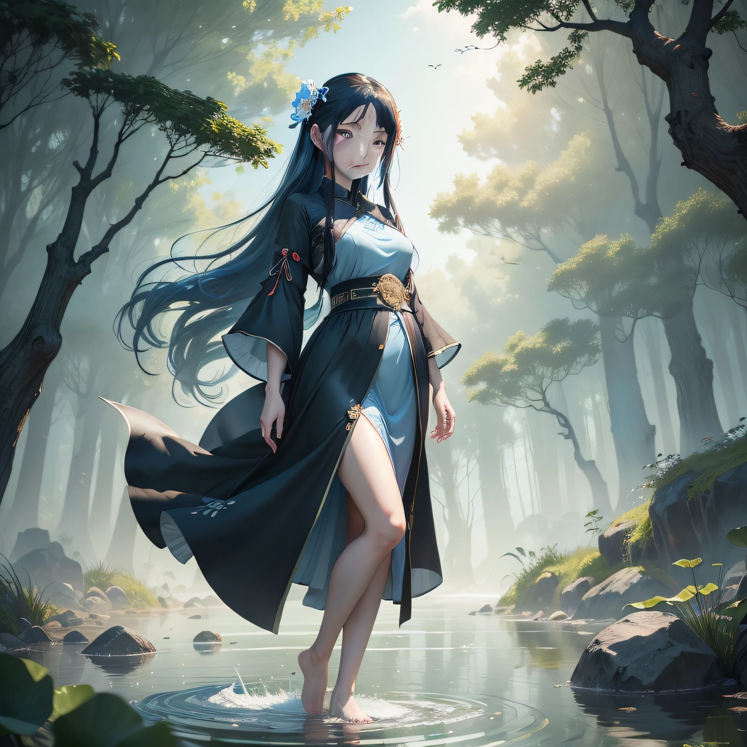 ((4k,masterpiece,best quality)), shuimobysim, traditional chinese ink painting, lotus, hanfu, maxiskit, dress conservatively 1girl, solo, long blue hair, smile, standing, feet in the water, barefoot,