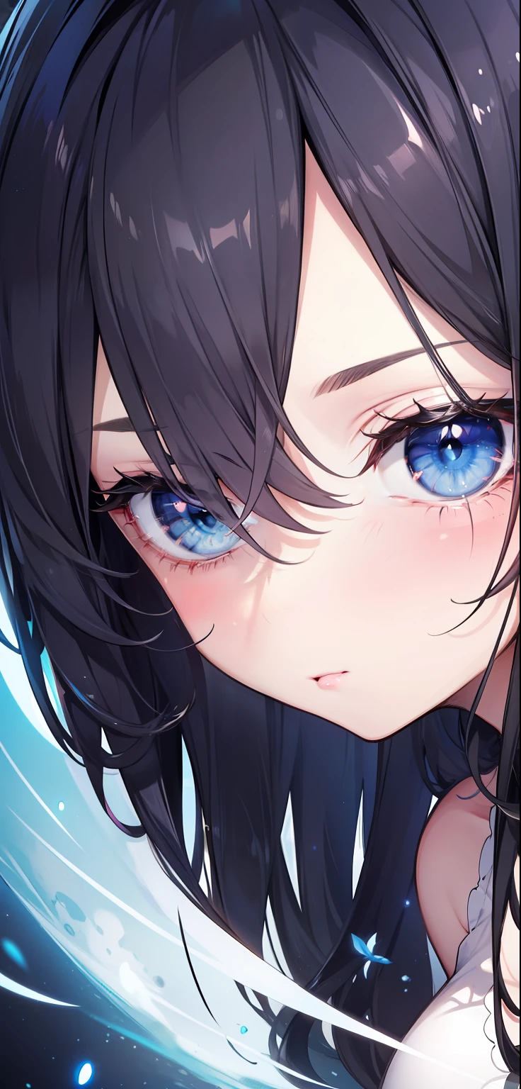 baby blue eyes, eyelid, pupil, sclera, iris, eye detail, ultra detailed, black hair