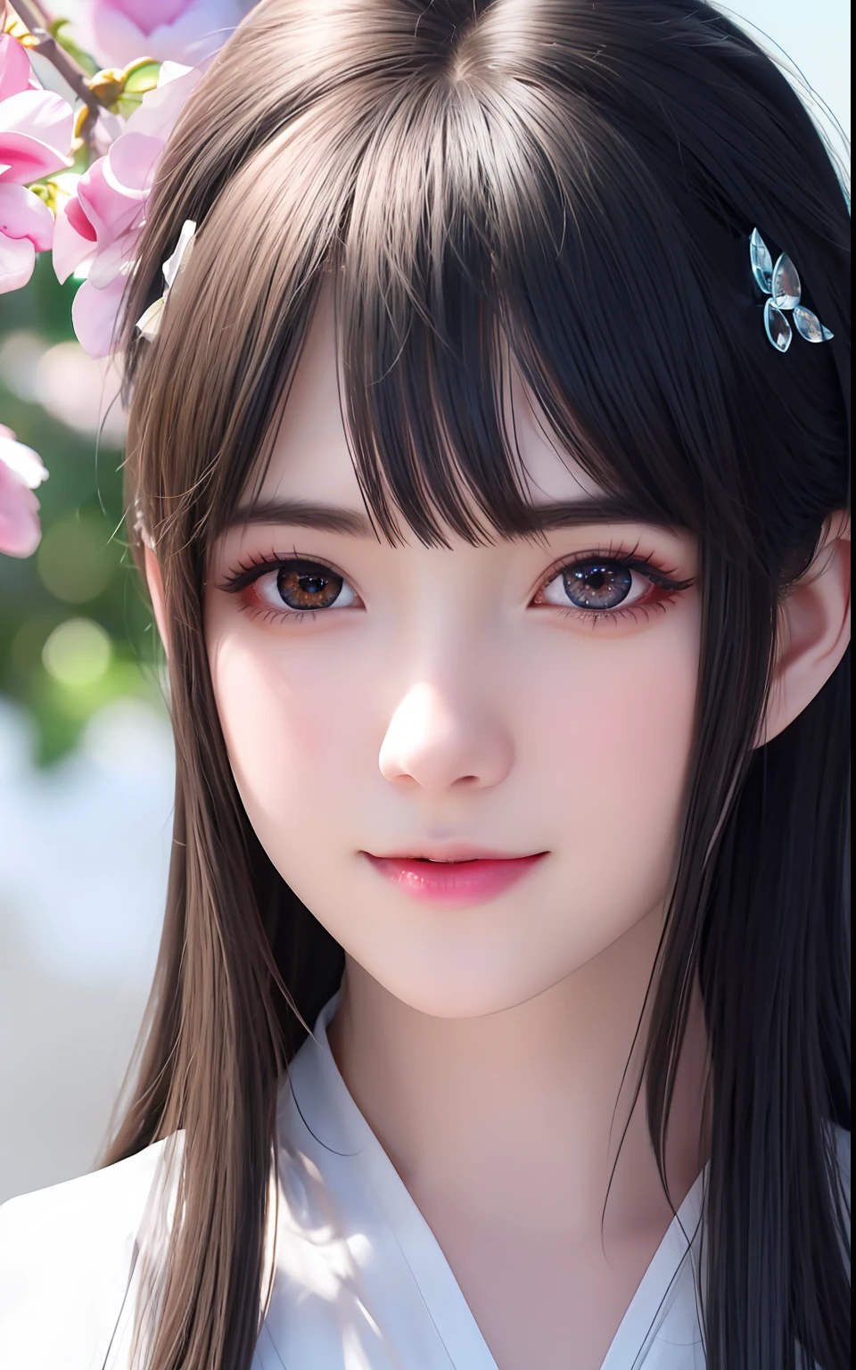 ulzzang -6500-v1.1, (Photorealsitic:1.4), animesque、anime styled、ssmile、portraitures、Beautiful, Moist pink eyes like crystal clear glass、Beautiful detailed woman, extremely detailed eye and face, Beautiful detailed eyes, huge filesize, ultra-detailliert, hight resolution, ighly detailed, top-quality, masterpiece, illustratio, ighly detailed, nffsw, unification, 8k wallpaper, splendid, finely detail, masterpiece, top-quality, Highly detailed ticker uniform 8K wallpaper, Light on the Face、电影灯光、19-year-old girl