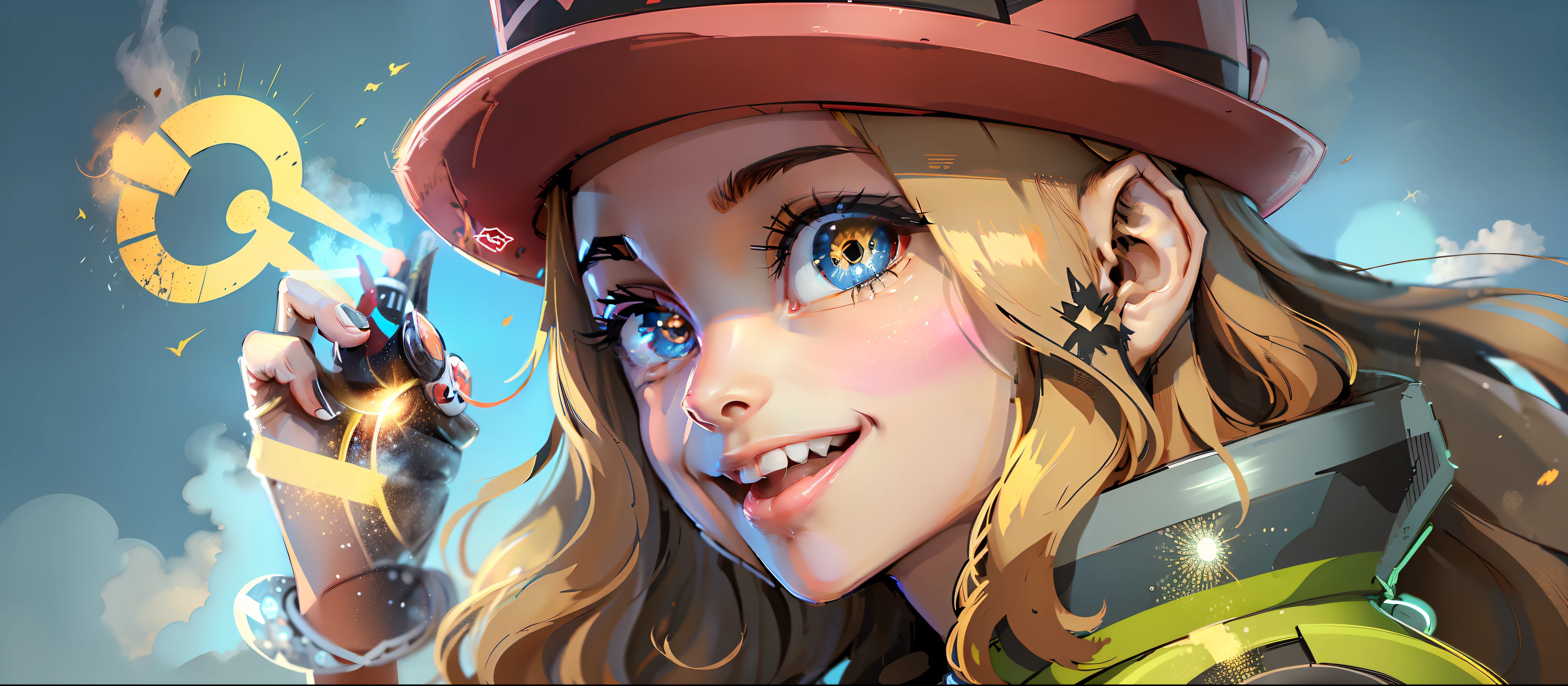 Create a background with a girl in a cap, apontando o dedo para acima e sorrindo, o fundo de onde ela estar tem o simbolo da pokebola, Pokémon world, estilo anime