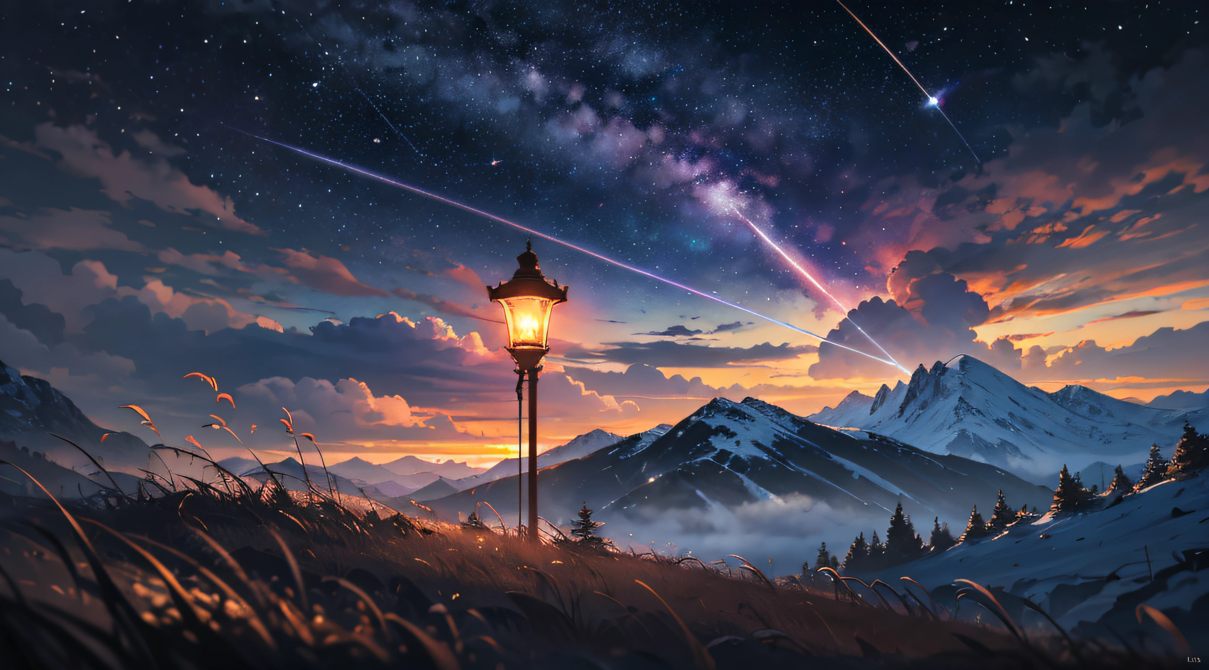 Expansive landscape photograph,(moon full:1.2),(meteors:0.9),(Starcloud:1.3),(Warm light source:1.2),(glowworm:1.2),lamp lights,Lots of purple and orange,Complicated details,Volumetriclighting,Realism BREAK(tmasterpiece:1.2),(best qualtiy),8K,Ultra-detailed,(dynamic compositions:1.4),The is very detailed,Colorful details,(Irridescent color:1.2),(luminouslighting,Atmospheric lighting),dream magical,magical,(独奏:1.2),((best qualtiy)), ((tmasterpiece)), (the detail:1.4),depth of fields,maximum definition and sharpness,perfectly proportions,Fluttering clouds,Wallpapers
