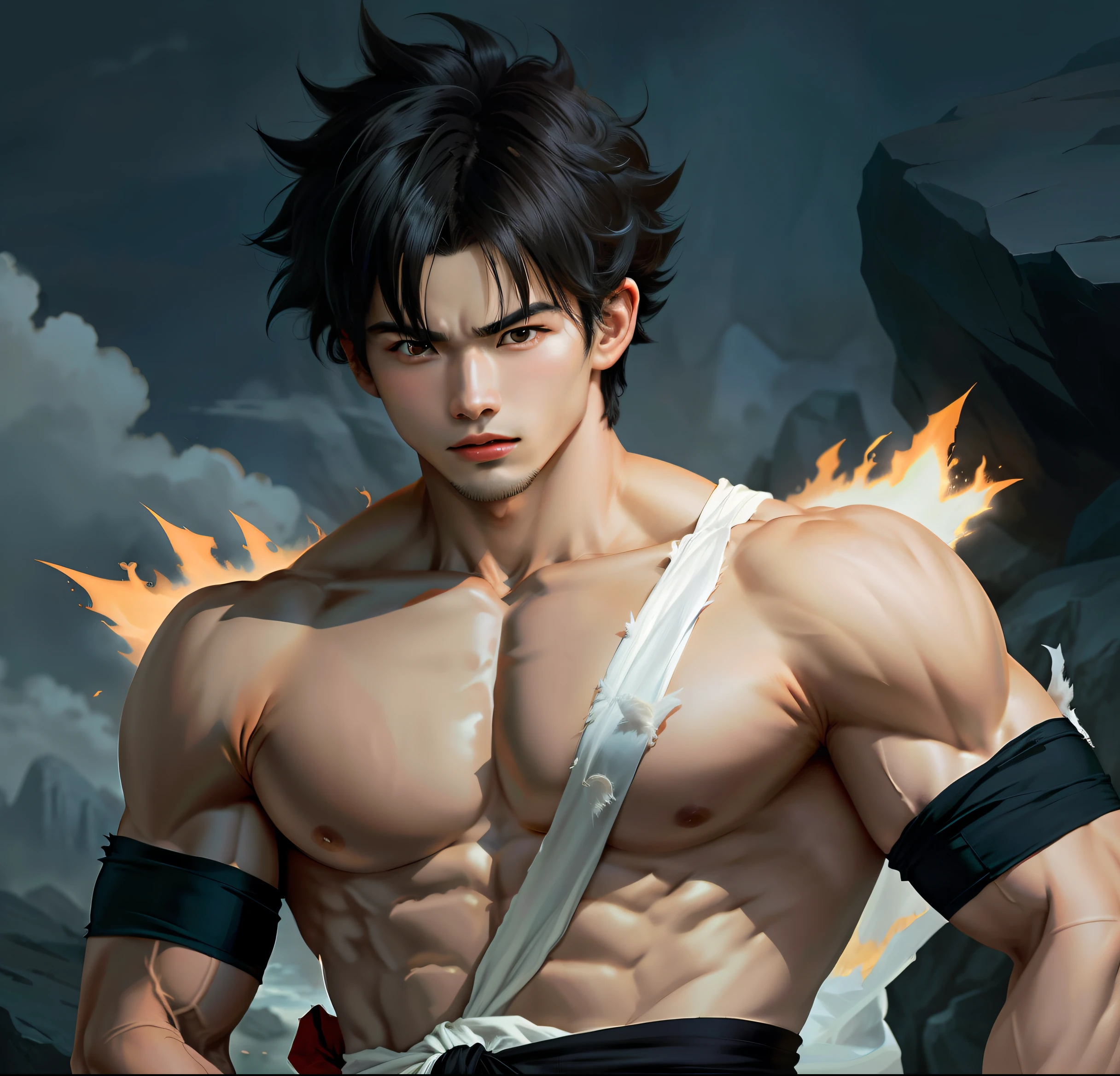 son goku, 1boy, closed mouth, male focus, muscular, muscular male, rock, sash, serious, solo, spiked hair, topless male, torn clothes, ultra instinct, black eyes, black hair, ((masterpiece))