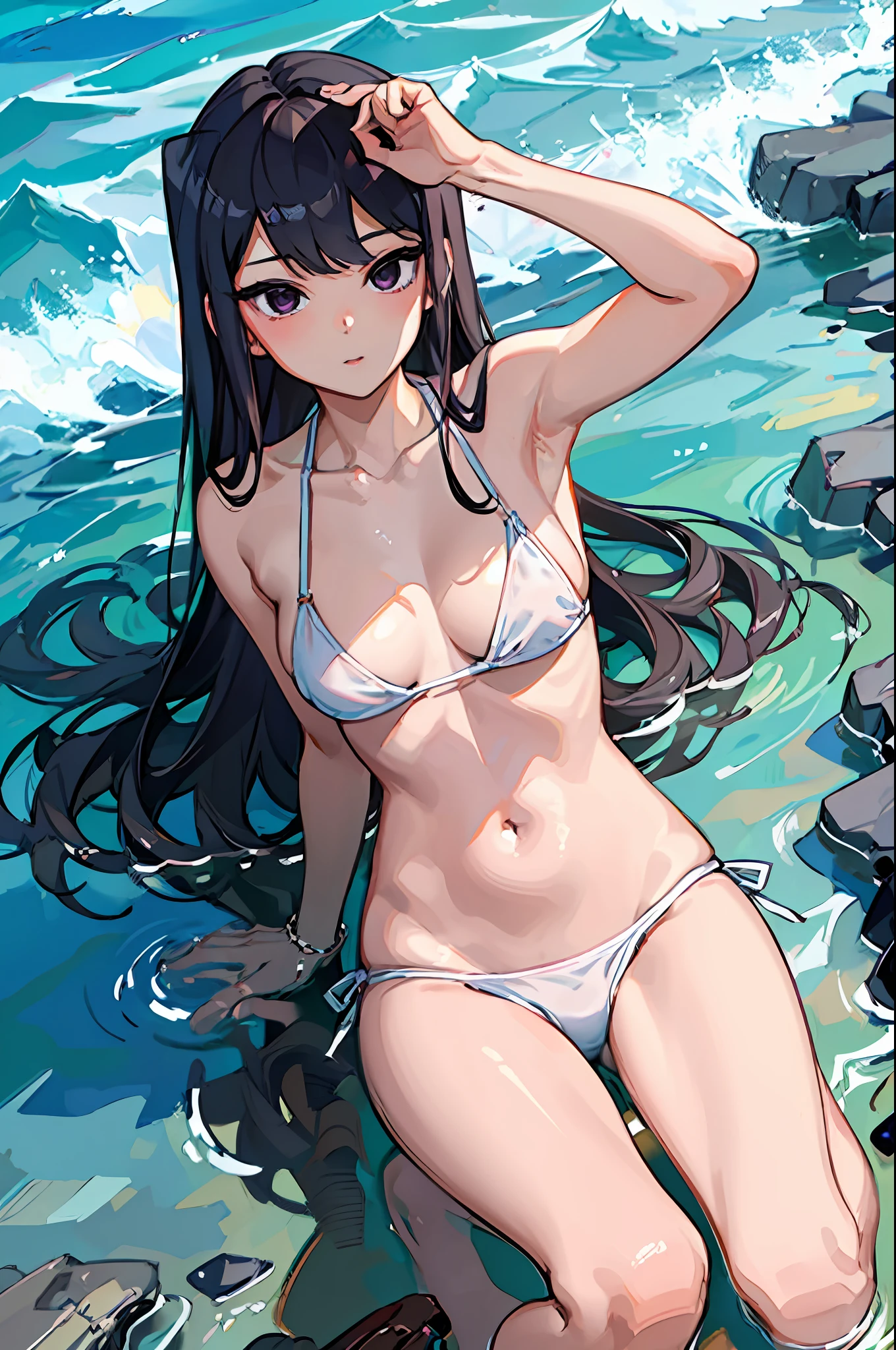 komiShouko, masterpiece, best quality, 1girl, looking at viewer, bikini, looking at viewer, upper body, hot, sexy, medium breasts, solo, siting, beach, highly detailed background, high quality, good anatomy, good artist