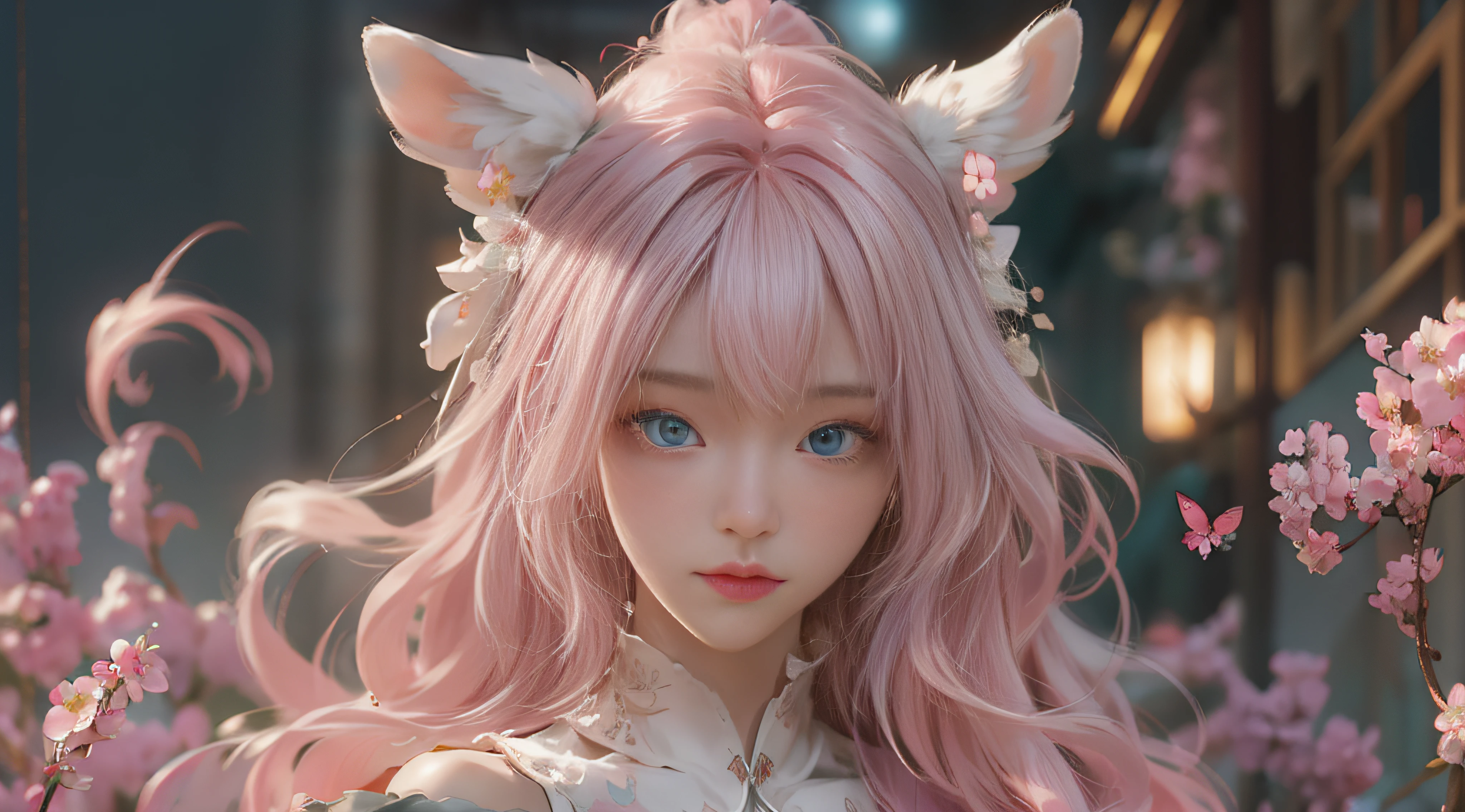 ((best qualtiy)), ((tmasterpiece)), (detail:1.4), Beautiful cyberpunk female images,hdr(HighDynamicRange),Ray traching,NVIDIA RTX,Hyper-Resolution,illusory 5,sub surface scattering,PBR textures,post-proces,Anisotropy Filtering,depth of fields,maximum definition and sharpness,Many-Layer Textures,Albedo e mapas Speculares,Surface coloring,Mitsu-Accurate simulation of material interactions,perfectly proportioned,rendering by octane,Two-colored light,largeaperture,Low ISO,White balance,Rule three points、8K raw data、Beautiful bright blue pupils,off-the-shoulder clothes,Fine pupils,Delicate face and eyes,long eyelasher,Blushlush,Delicate and fluffy hair,pink lip,Pure,Cute face,Sweet girl,Artistic sense,Casual wear,Advancedsense,butterflys,Cherry blossom petal,Beautiful hair accessories,Long hair and waist,Hair fluttering in the wind,Snow-white fox ears,curlies,Lots of white and pink,Complicated details