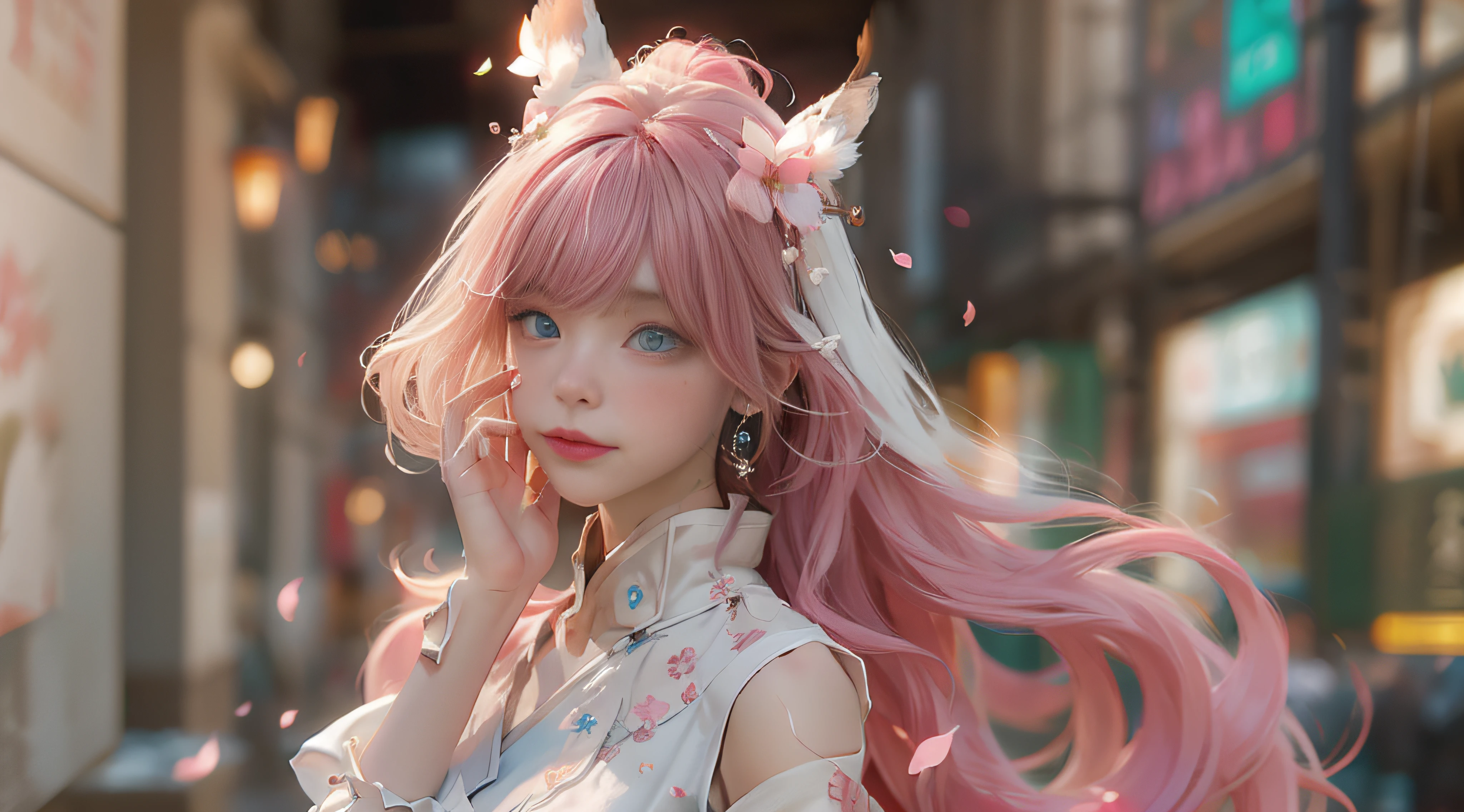 （（best qualtiy））， （（tmasterpiece））， （detail：1.4）， Beautiful cyberpunk female images，hdr（HighDynamicRange），Ray traching，NVIDIA RTX，Hyper-Resolution，illusory 5，sub surface scattering，PBR textures，post-proces，Anisotropy Filtering，depth of fields，maximum definition and sharpness，Many-Layer Textures，Albedo e mapas Speculares，Surface coloring，Mitsu-Accurate simulation of material interactions，perfectly proportioned，rendering by octane，Two-colored light，largeaperture，Low ISO，White balance，Rule three points、8K raw data、Beautiful bright blue pupils，off-the-shoulder clothes，Fine pupils，Delicate face and eyes，long eyelasher，Blushlush，Delicate and fluffy hair，pink lip，Pure，Cute face，Sweet girl，Artistic sense，Casual wear，Advancedsense，butterflys，Cherry blossom petal，Beautiful hair accessories，Long hair and waist，Hair fluttering in the wind，Snow-white fox ears，curlies，Lots of white and pink，Complicated details