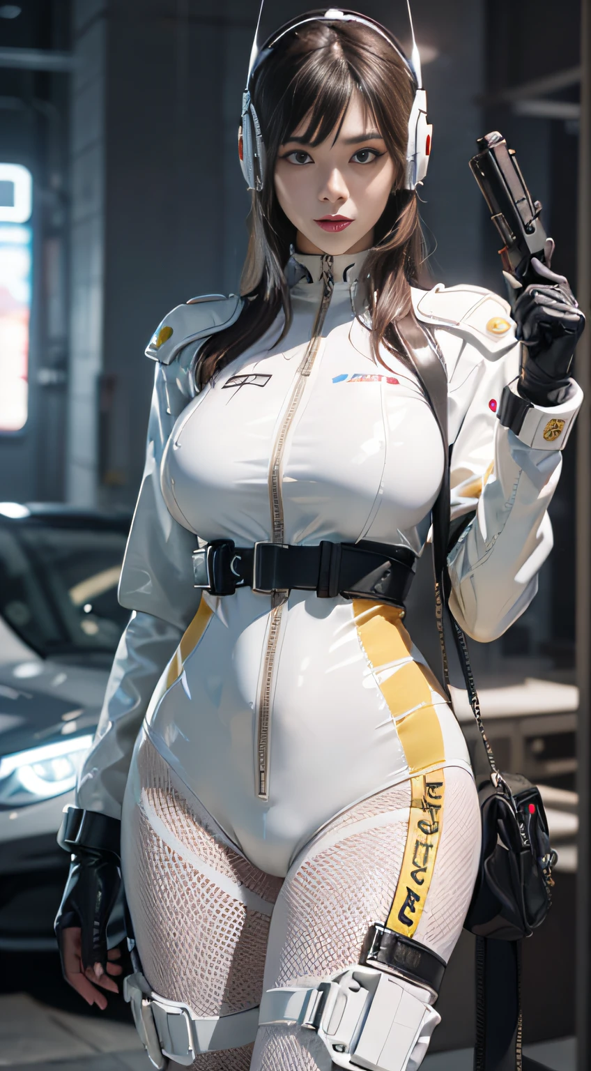 Solo exhibition, ultra fine photos, Portrait of an Unreal Engine 5 8K UHD girl,Wear a tight, futuristic white latex suit,Wear yours with a white jacket,Stylish white suit,White iconic figure,Smooth white skin,White body,PVC,Glossy latex clothing,rubbersuit,Rubber belt,neckwear,Futuristic full-face helmet,Futuristic rubber gloves,Futuristic high boots,Arm and leg cuffs, watchband, Cyberpunk world, Have a gun, Best quality at best, tmasterpiece, offcial art, Unified 8K wallpapers, super detailing, tack sharp focus, dynamicposes, Body parts, There are no extra limbs, Precise anatomy