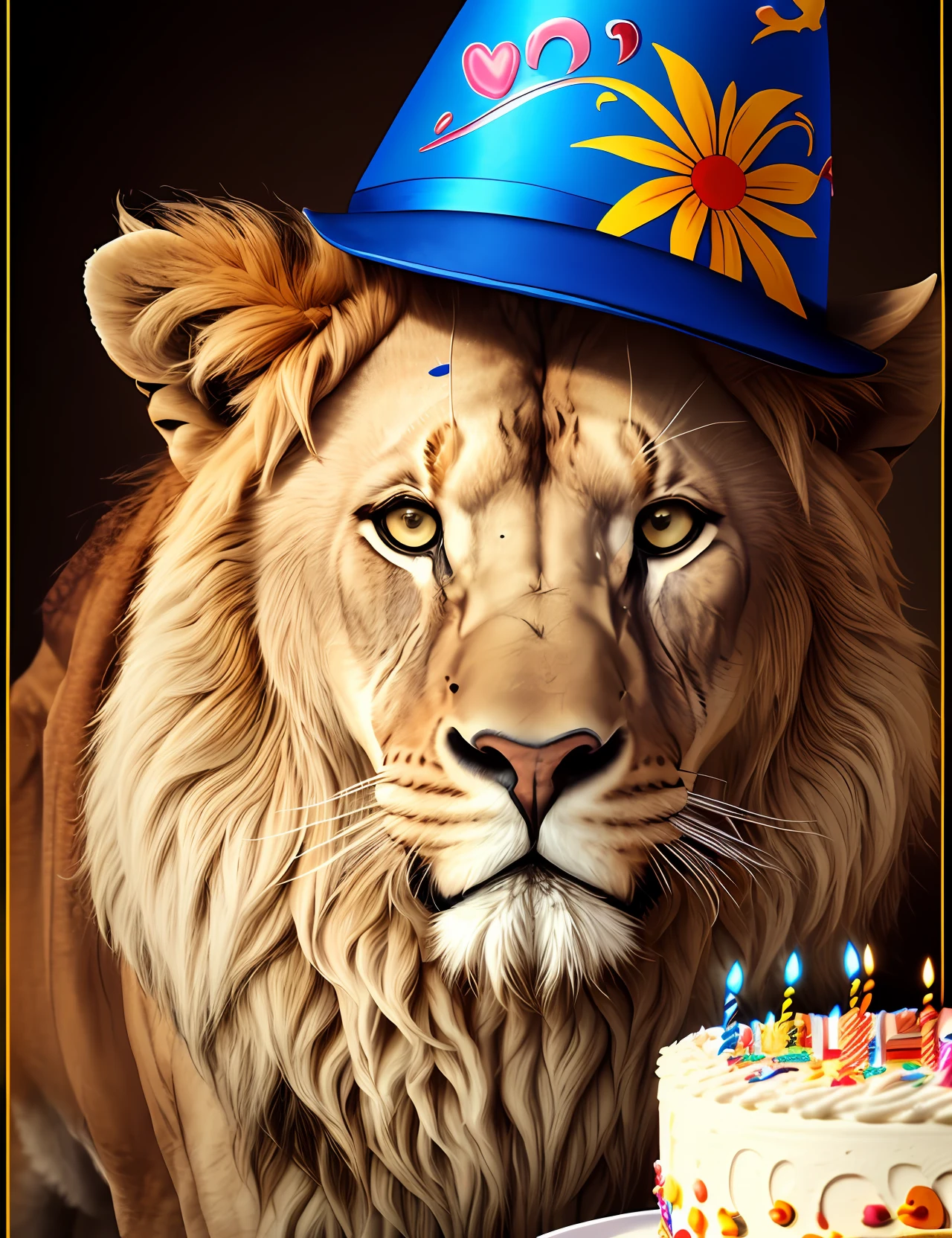 close up, (Rosto altamente detalhado:1.4) UHD 1Lion with birthday hat on his head towards whoever is looking, de frente, imagem frontal, 24mm, texturas 4k, soft  Cinematic Light, foto RAW, fotorrealismo, fotorrealista, with a birthday cake in front of you, com quatro velinhas. --auto --s2