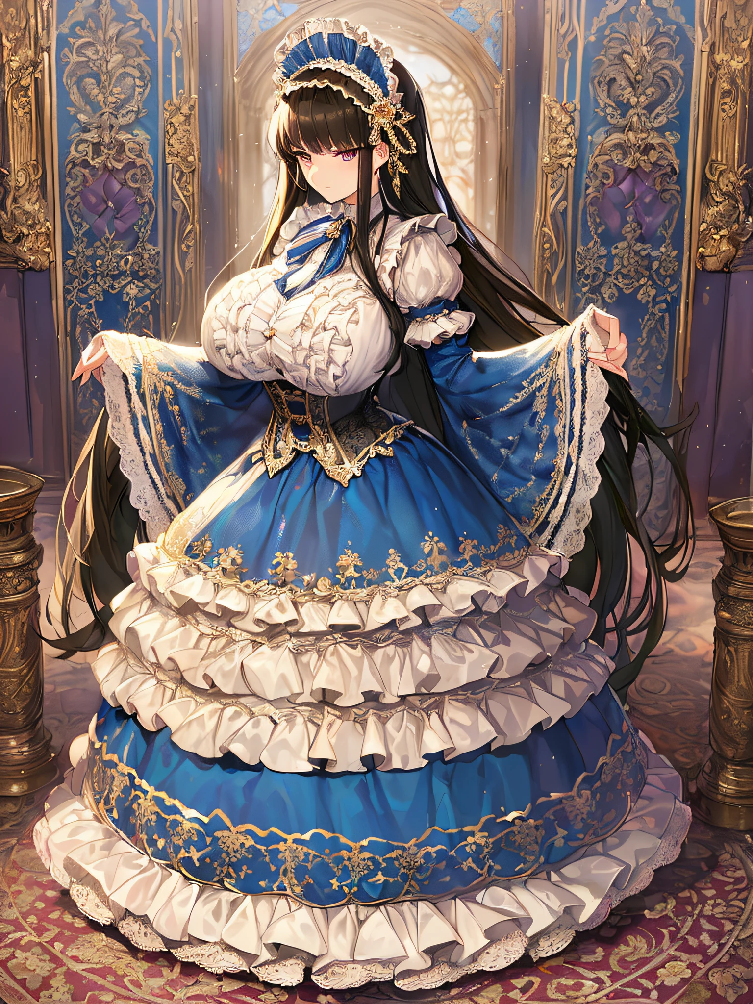 ((anime artstyle)),(Masterpiece),(Best Quality), (Super Detail),((Very Delicate and Beautiful)),((Solo)),((full body)),((1 princess in gorgeousfull victorian dress with voluminous skirt)),detailed face and eyes,jewel-like eyes,((voluminous Very Long Straight Hair)),((gorgeousfull embroidery and lace)),gorgeous corsage,See-through,gorgeousfull hair ornament,gorgeousfull glitter jeweled tiara,ornate ruffles,((gigantic breasts,Long breasts)),skindentation,((full body)),((hoop skirt,crinoline)),standing pose,Dynamic Angle,Looking at viewer,royal palace,(((gorgeous embroidery gorgeousfull victorian dress with voluminous skirt)),full body