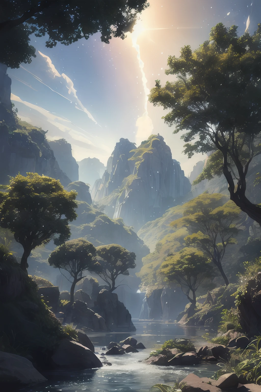 Illustration of a hyperrealistic , otherworldly, ultrasky scene featuring a giant crystal tree full body,very detailed and magical lighting, intricate forest details, vegetation and river around, solarpunk ,landscape, giant tree, beatifull leafy with beautiful lighting and realistic proportions, as if it were a cinematic background, 8k, highest quality, masterpiece, clouds and stars in the sky.