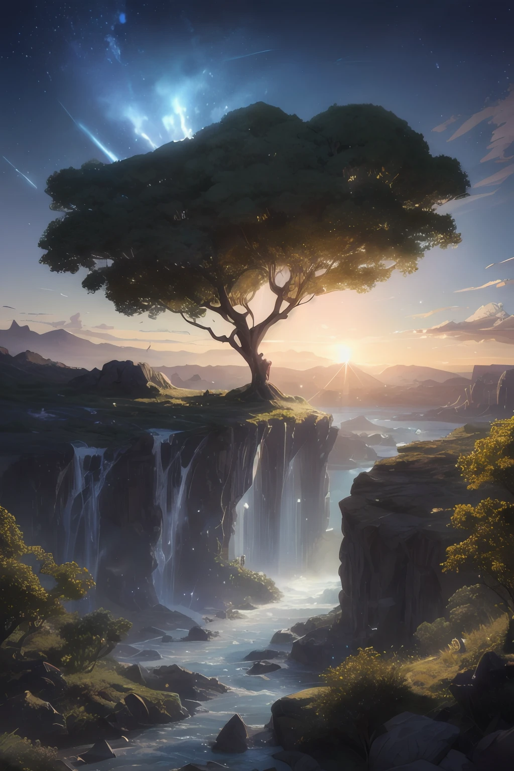 Illustration of a hyperrealistic , otherworldly, ultrasky scene featuring a giant crystal tree full body,very detailed and magical lighting, intricate forest details, vegetation and river around, solarpunk ,landscape, giant tree, beatifull leafy with beautiful lighting and realistic proportions, as if it were a cinematic background, 8k, highest quality, masterpiece, clouds and stars in the sky.