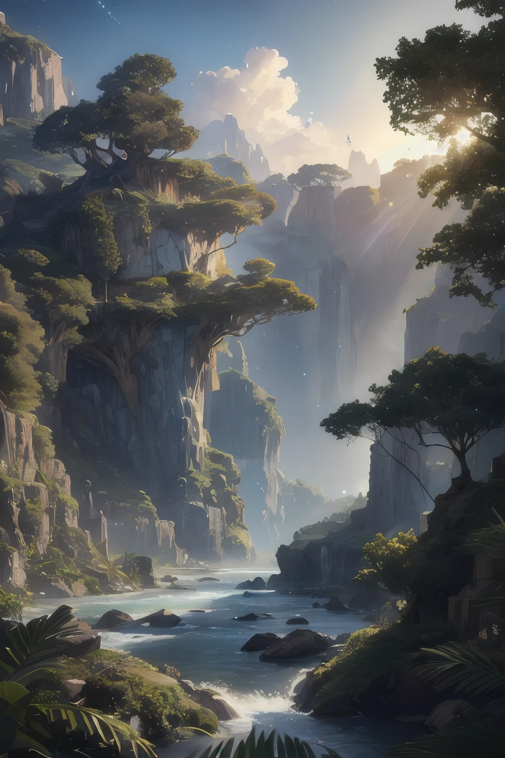 Illustration of a hyperrealistic , otherworldly, ultrasky scene featuring a giant crystal tree full body,very detailed and magical lighting, intricate forest details, vegetation and river around, solarpunk ,landscape, giant tree, beatifull leafy with beautiful lighting and realistic proportions, as if it were a cinematic background, 8k, highest quality, masterpiece, clouds and stars in the sky.