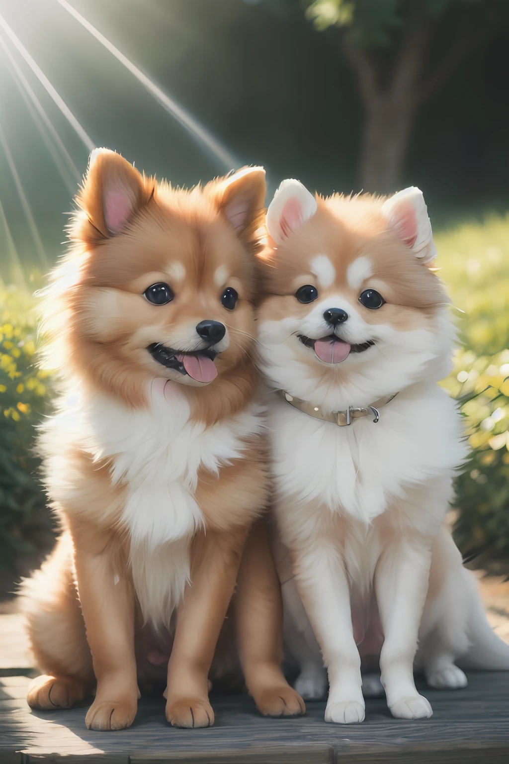 (2 girls:1.2) , 1 pomeranian puppy, cute, outdoors, god rays, kawaii, slice of life, studio ghibli, (masterpiece:1.2), (best quality:1.2), Amazing, highly detailed, beautiful, finely detail, Depth of field, extremely detailed CG unity 8k wallpaper,