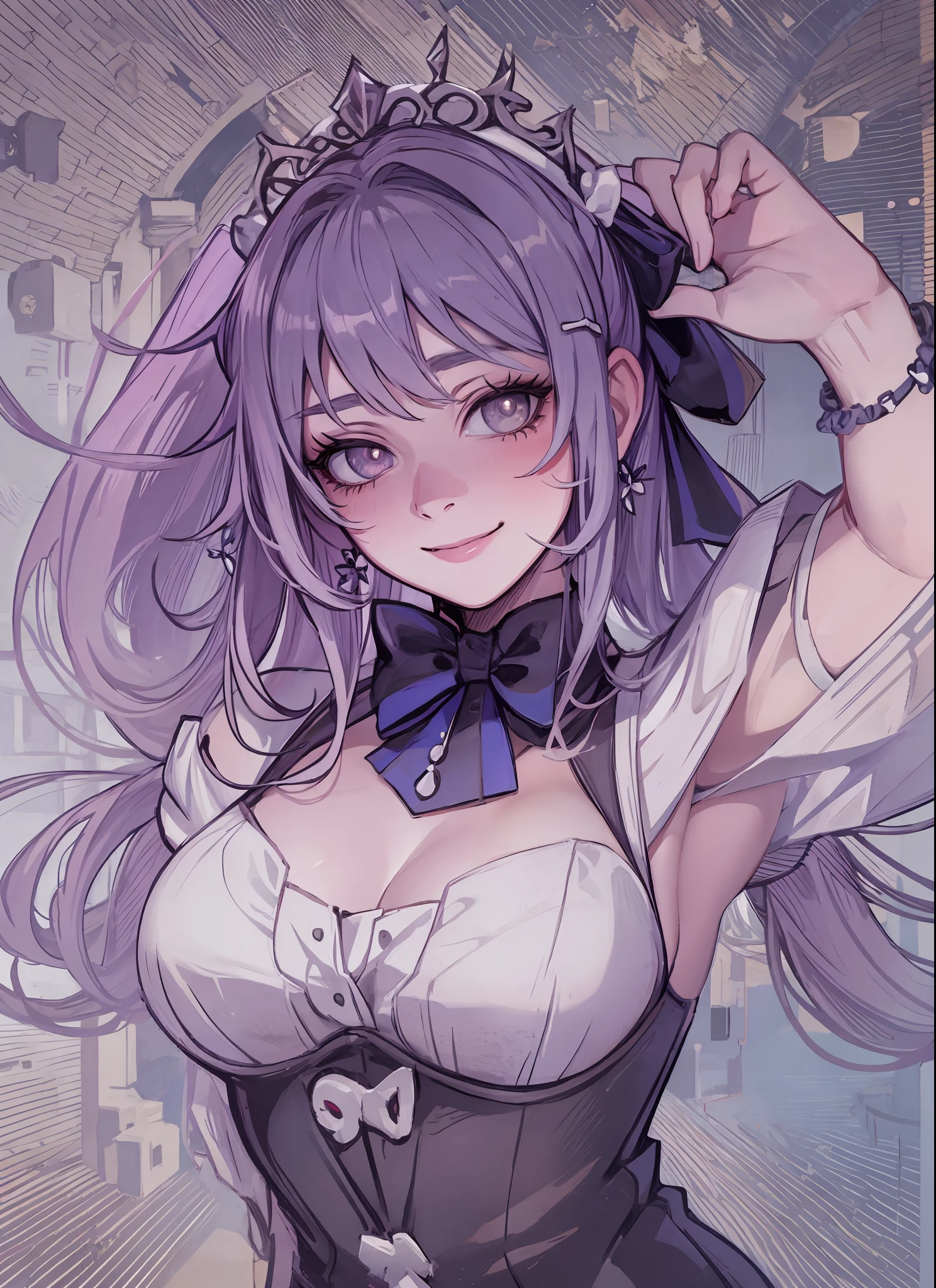 (masterpiece, best quality:1.2), (solo), (1girl), best quality, (photorealistic:1.4),ultra detailed, solo, (full body:1.5), looking at viewer, cave, arms up, keqing (genshin impact), love in eyes, double ponytail, bow hairpins, blushing, smug, smile, drooling, rolling eyes, bow tie, maid outfit, long sleeves, miniskirt, large breasts