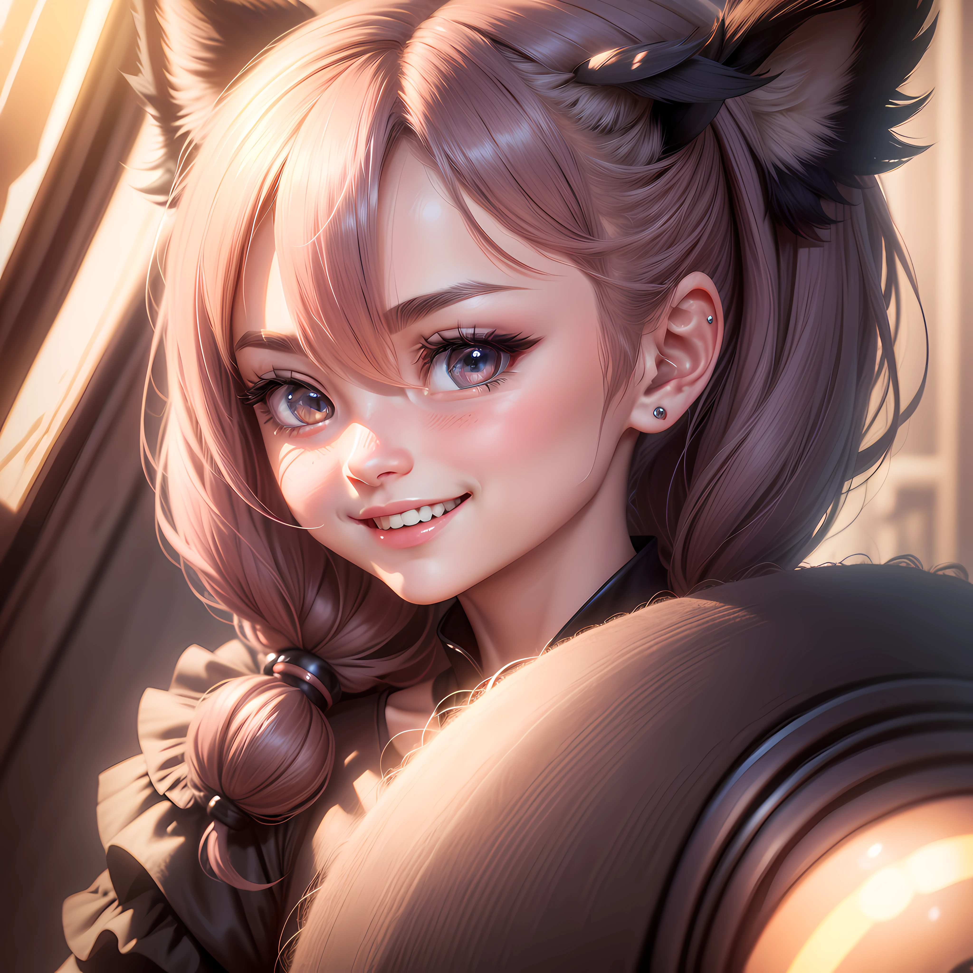 hair bobbles, wince, solid circle eyes, fake animal ears, light smile, ear blush, fang, Surrealism, drop shadow, tachi-e, pov, atmospheric perspective, 8k, UHD, masterpiece, high details, 16k