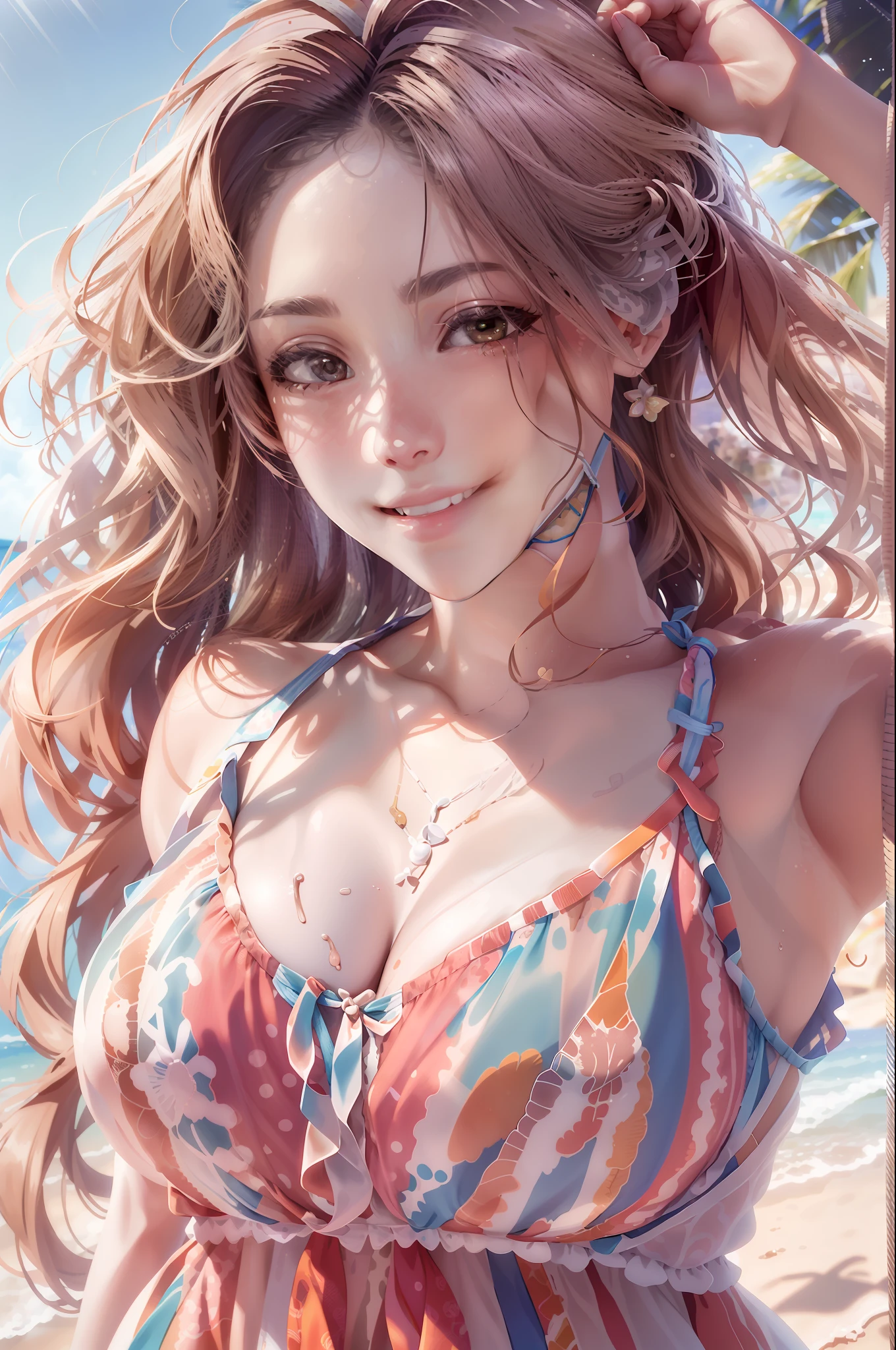 Beautiful girl in a summer dress、a smile、😆、Photographic portrait of beautiful women, Sony α7, 35mm Lens, f1.8、Radiant_Rhythms, realistic bikini, beautiful woman, Beautiful girl, beautiful seaside, charming girls, realistic 3d style, photo realistic render