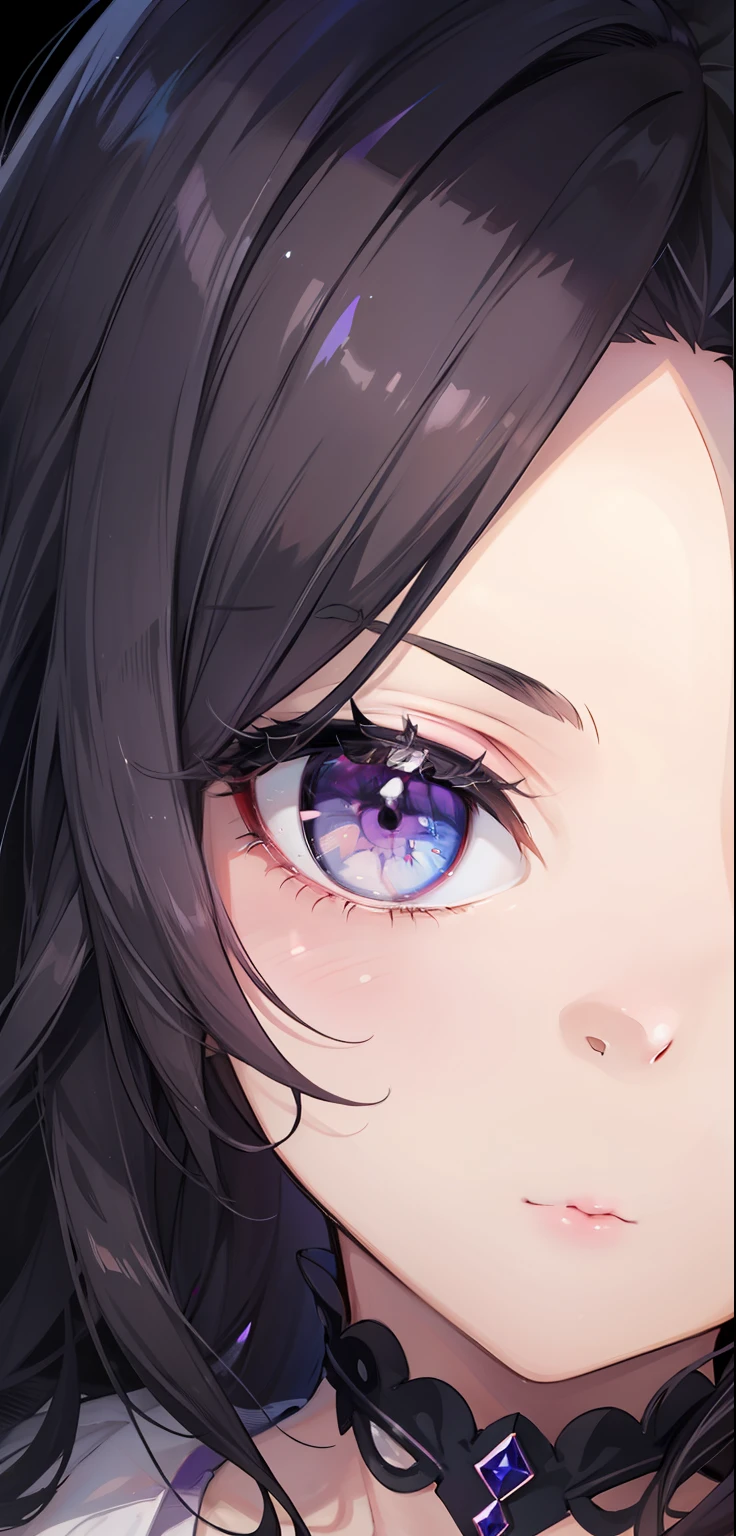 woman, eyebrow, eyes light lilac, eyelid, pupil, sclera, iris, ear, mouth, eye detail, all ultra detailed, black hair