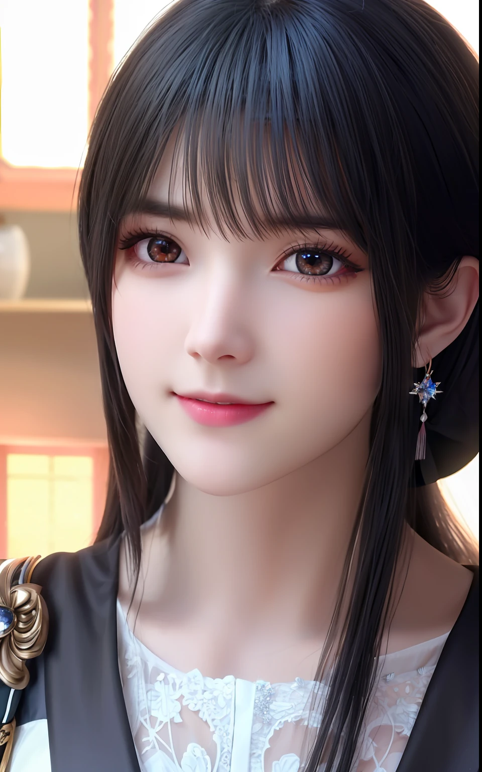 ulzzang -6500-v1.1, (Photorealsitic:1.4), animesque、anime styled、ssmile、portraitures、Beautiful, Moist pink eyes like crystal clear glass、Beautiful detailed woman, extremely detailed eye and face, Beautiful detailed eyes,  huge filesize, ultra-detailliert, hight resolution, ighly detailed, top-quality, ​masterpiece,  illustratio, ighly detailed, nffsw, unification, 8k wallpaper, splendid, finely detail, ​masterpiece, top-quality, Highly detailed ticker uniform 8K wallpaper, Light on the Face、电影灯光、19-year-old girl