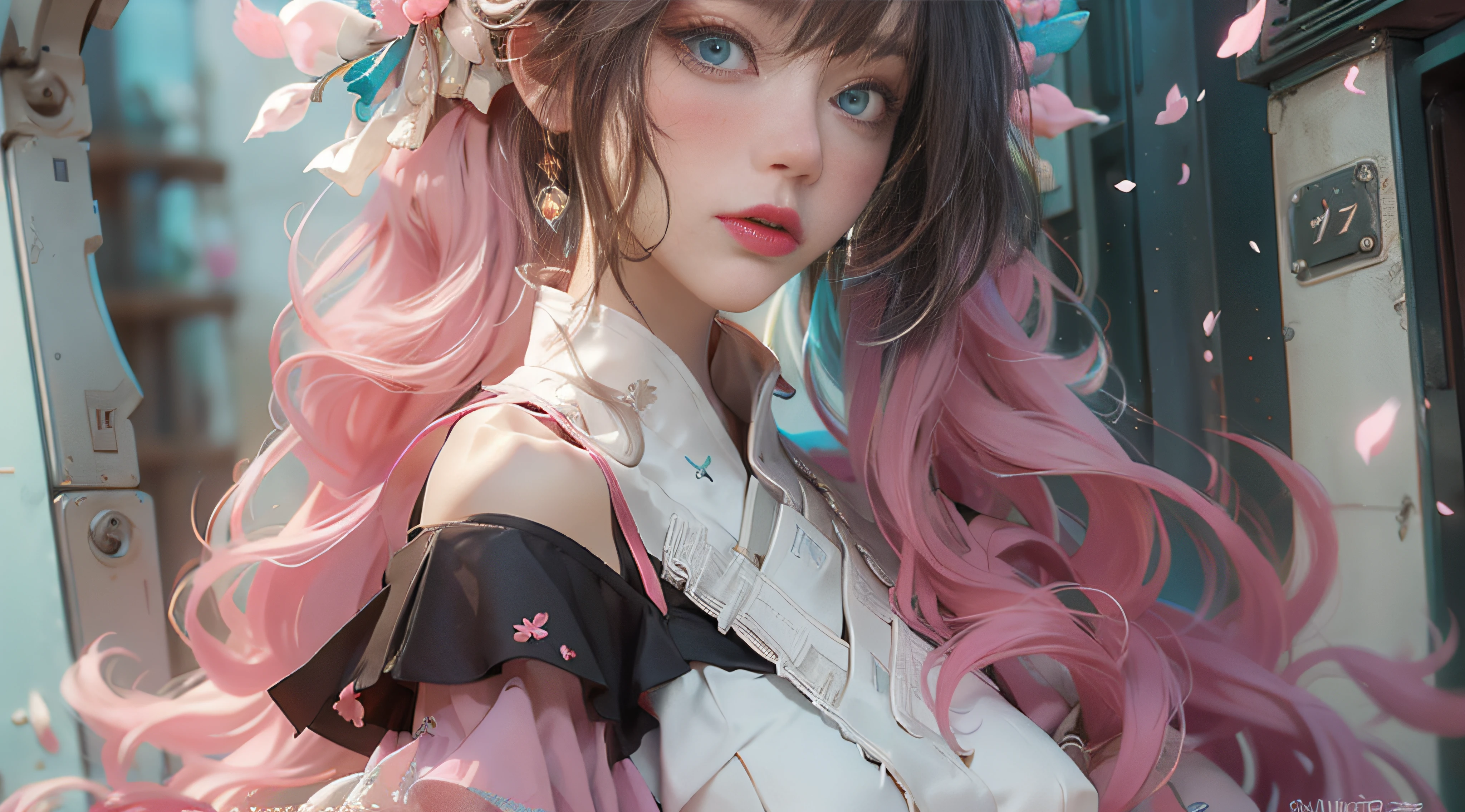 ((best qualtiy)), ((tmasterpiece)), (detail:1.4), Beautiful cyberpunk female images,hdr(HighDynamicRange),Ray traching,NVIDIA RTX,Hyper-Resolution,illusory 5,sub surface scattering,PBR textures,post-proces,Anisotropy Filtering,depth of fields,maximum definition and sharpness,Many-Layer Textures,Albedo e mapas Speculares,Surface coloring,Mitsu-Accurate simulation of material interactions,perfectly proportioned,rendering by octane,Two-colored light,largeaperture,Low ISO,White balance,Rule three points、8K raw data、Beautiful bright blue pupils,off-the-shoulder clothes,Fine pupils,Delicate face and eyes,long eyelasher,Blushlush,Delicate and fluffy hair,pink lip,Pure,Cute face,Sweet girl,Artistic sense,Casual wear,Advancedsense,butterflys,Cherry blossom petal,Beautiful hair accessories,Long hair and waist,Hair fluttering in the wind,Snow-white fox ears,curlies,Lots of white and pink,Complicated details