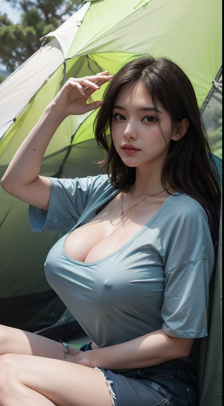 1girl wearing tshirt and short,[[solo camping]],((Outdoor camping)),((tent)),(big boobs),(cleavage),((camping on mountain valley)),((characters play)),high resolution, higly detailed, (perfect eyes), (perfect fingers),happy girl,((camping accessories on background)),full body portrait,((characters play))