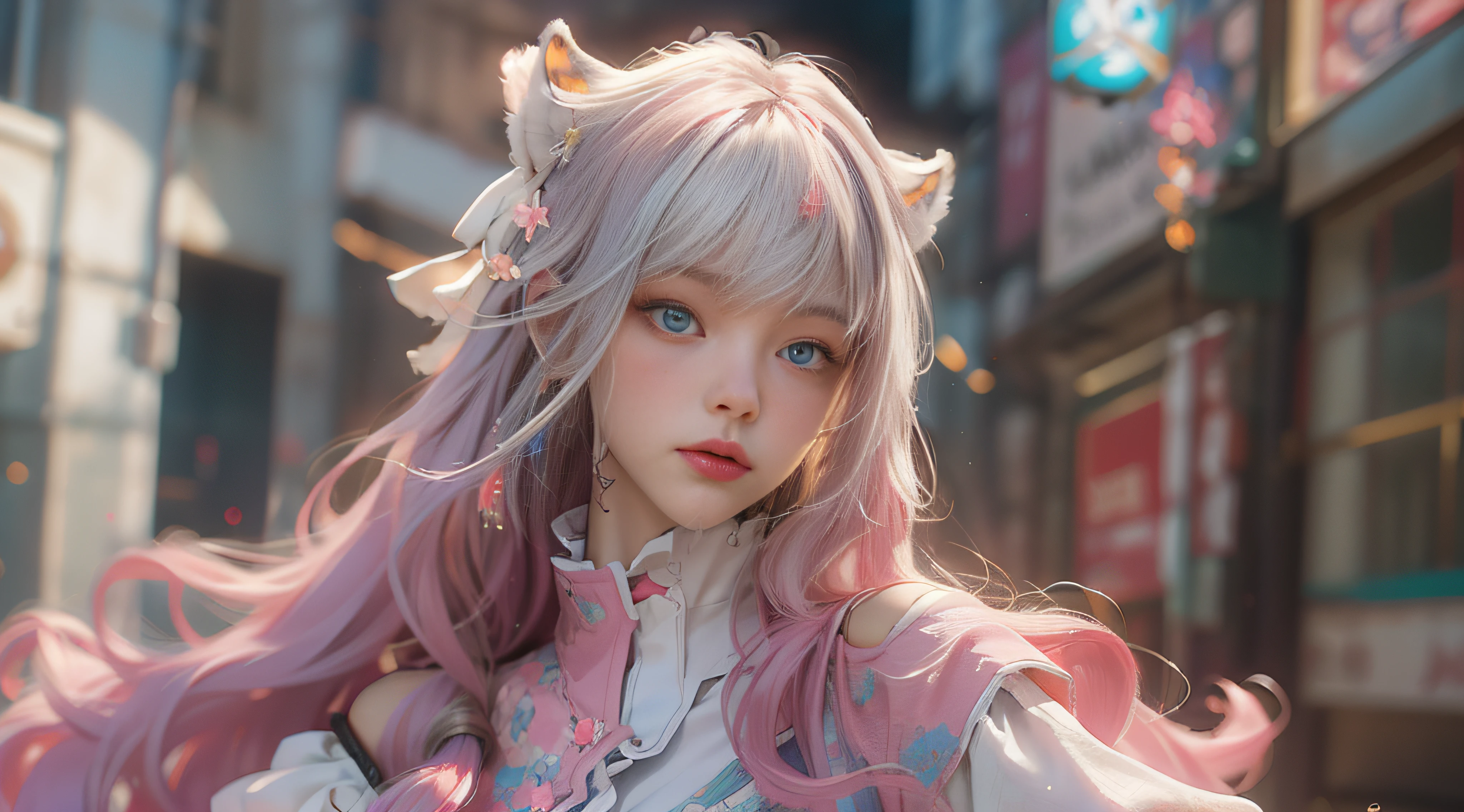 ((best qualtiy)), ((tmasterpiece)), (detail:1.4), Beautiful cyberpunk female images,hdr(HighDynamicRange),Ray traching,NVIDIA RTX,Hyper-Resolution,illusory 5,sub surface scattering,PBR textures,post-proces,Anisotropy Filtering,depth of fields,maximum definition and sharpness,Many-Layer Textures,Albedo e mapas Speculares,Surface coloring,Mitsu-Accurate simulation of material interactions,perfectly proportioned,rendering by octane,Two-colored light,largeaperture,Low ISO,White balance,Rule three points、8K raw data、Beautiful bright blue pupils,off-the-shoulder clothes,Fine pupils,Delicate face and eyes,long eyelasher,Blushlush,Delicate and fluffy hair,pink lip,Pure,Cute face,Sweet girl,Artistic sense,Casual wear,Advancedsense,butterflys,Cherry blossom petal,Beautiful hair accessories,Long hair and waist,Hair fluttering in the wind,Snow-white fox ears,curlies,Lots of white and pink,Complicated details