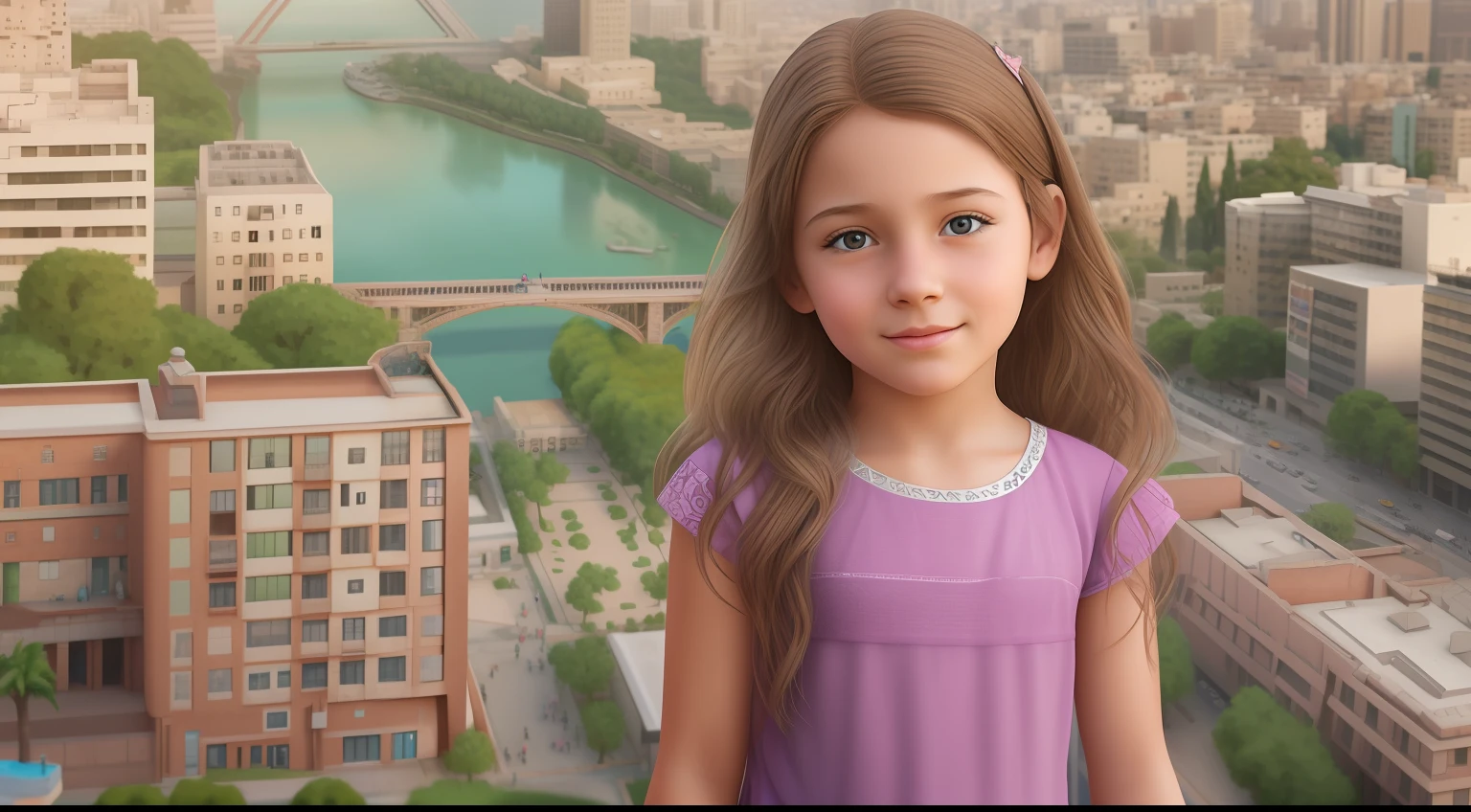 "Generate a hyper-realistic image of a 10-year-old girl with authentic isreal features, set against a realistic influential city landmark background, showcasing the best quality and intricate details."