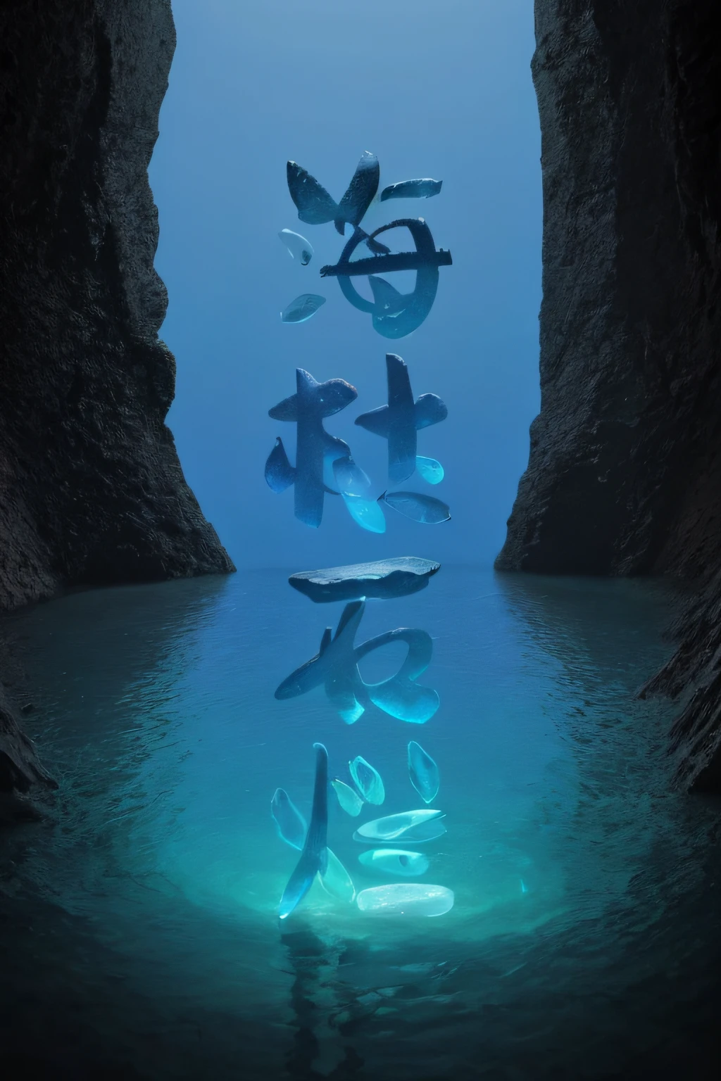 Blue sky background，The focus is on blue waters and black stones，There is a rainbow in the distance，crystal-clear，with light glowing，water dripping