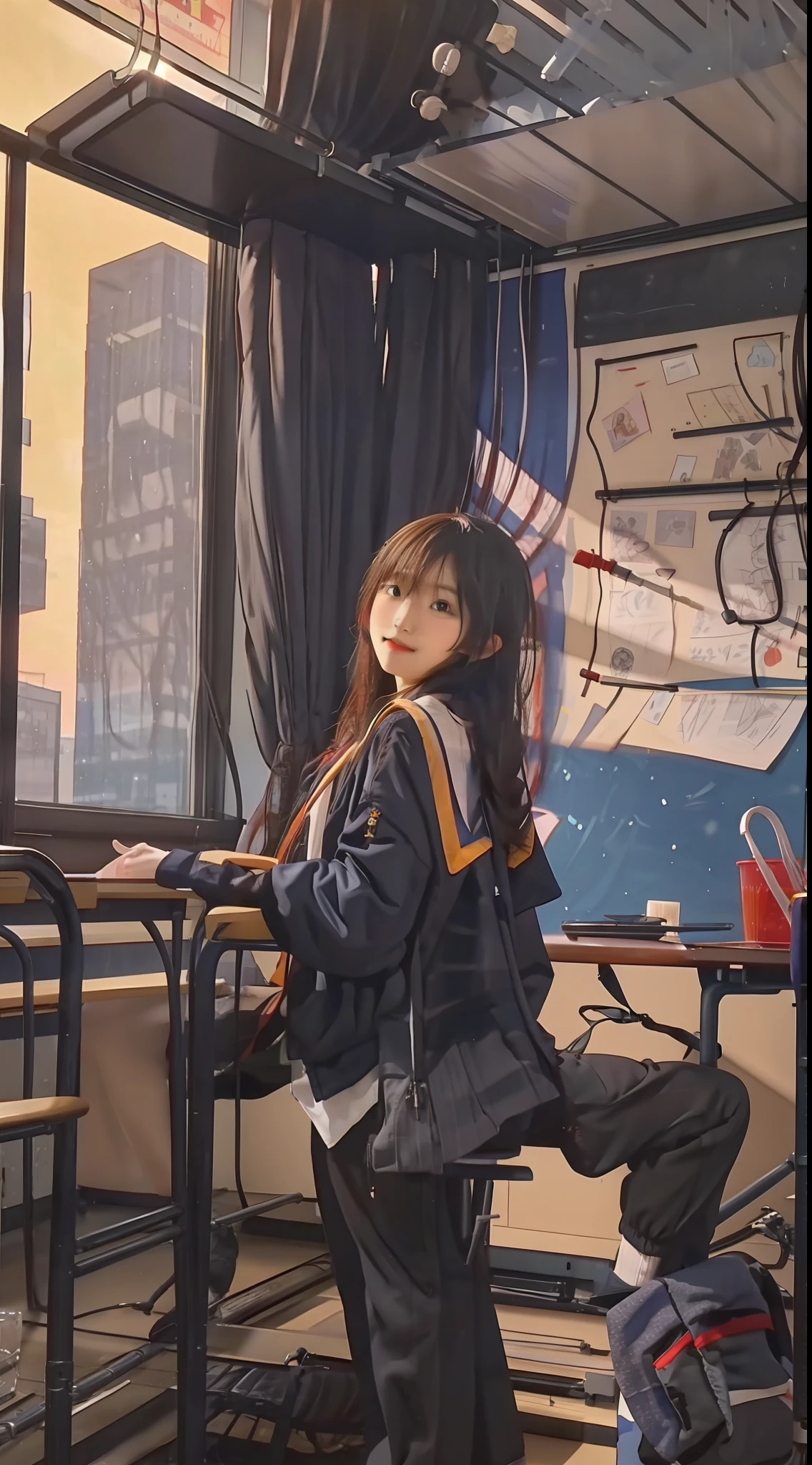 1 high school girl,Classroom,blackboards,eventide,the setting sun