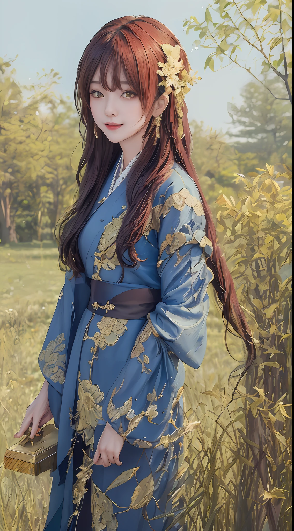 ((4k,masterpiece,best quality)), shuimobysim, Traditional chinese painting, lotuses, Hanfu, maxiskit, Dress conservatively 1girl, solo, blue long hair, ssmile, closeup of face