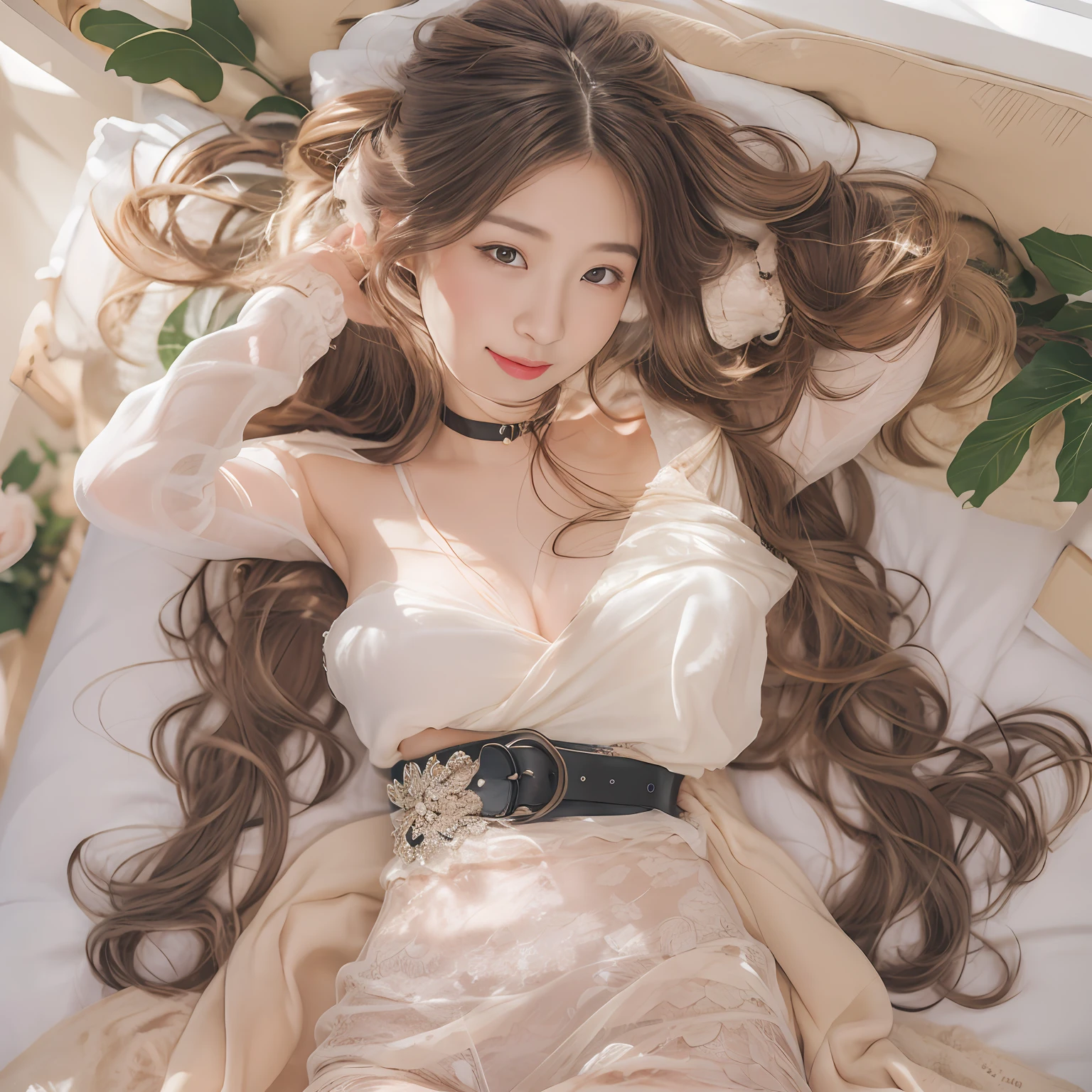 1 girl ， realisticlying， best qualityer， Lie down in bed（（Eye makeup））（（（No bottoms））），（（sandals））（(Spread your legs to reveal your panties））（（（Happy expression： 1.8）），full bodyesbian， （Larger chest）， Twinkle， （20yr old）， （（Slimmer figure： 1.5））， （（（Any outfit： 1.5））））， （（Princess hairstyle： 1.5）））），（（（（ankle）））），（（（（Toes）））