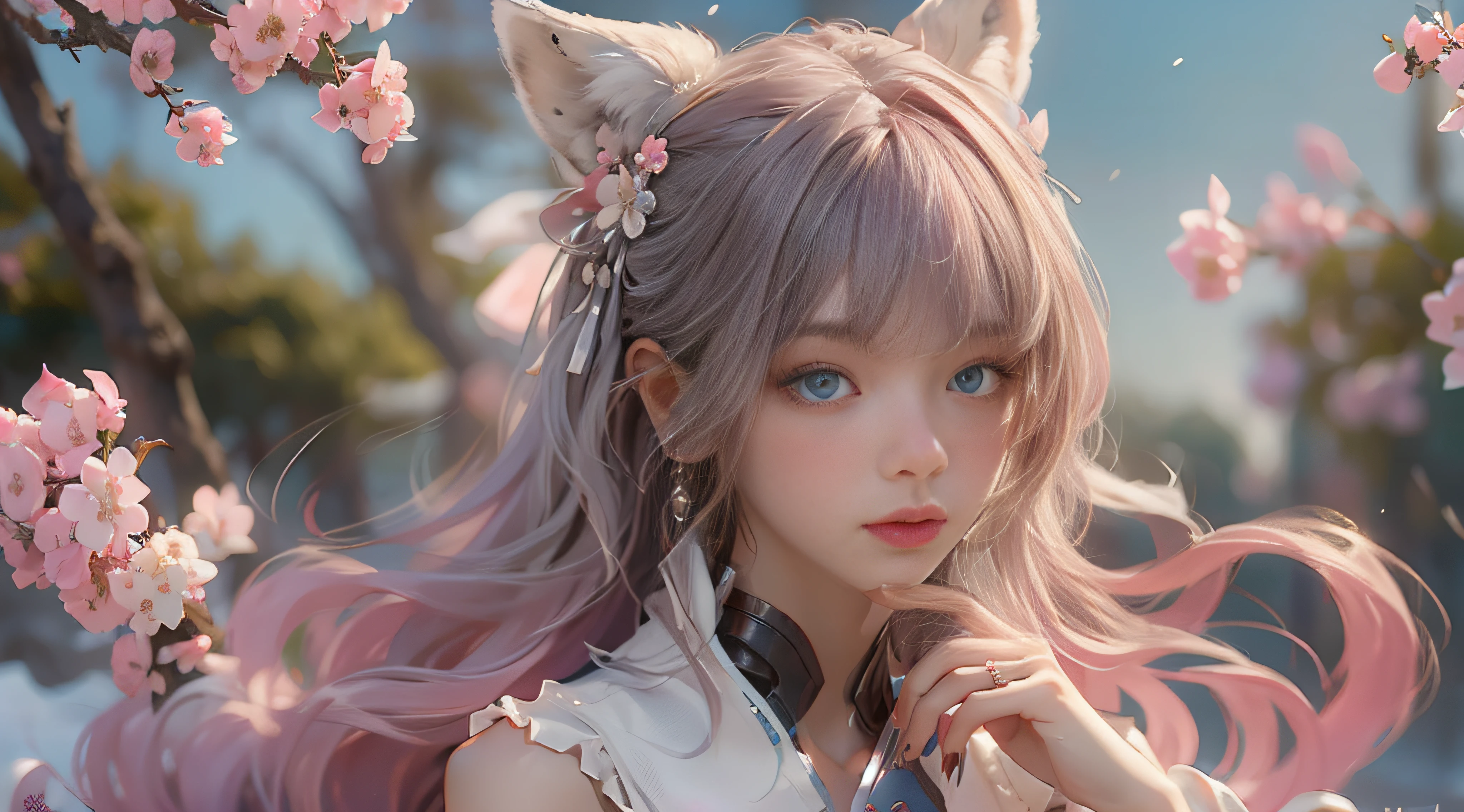 ((best qualtiy)), ((tmasterpiece)), (detail:1.4), Beautiful cyberpunk female images,hdr(HighDynamicRange),Ray traching,NVIDIA RTX,Hyper-Resolution,illusory 5,sub surface scattering,PBR textures,post-proces,Anisotropy Filtering,depth of fields,maximum definition and sharpness,Many-Layer Textures,Albedo e mapas Speculares,Surface coloring,Mitsu-Accurate simulation of material interactions,perfectly proportioned,rendering by octane,Two-colored light,largeaperture,Low ISO,White balance,Rule three points、8K raw data、Beautiful bright blue pupils,off-the-shoulder clothes,Fine pupils,Delicate face and eyes,long eyelasher,Blushlush,Delicate and fluffy hair,pink lip,Pure,Cute face,Sweet girl,Artistic sense,Casual wear,Advancedsense,butterflys,Cherry blossom petal,Beautiful hair accessories,Long hair and waist,Hair fluttering in the wind,Snow-white fox ears,curlies,Lots of white and pink,Complicated details