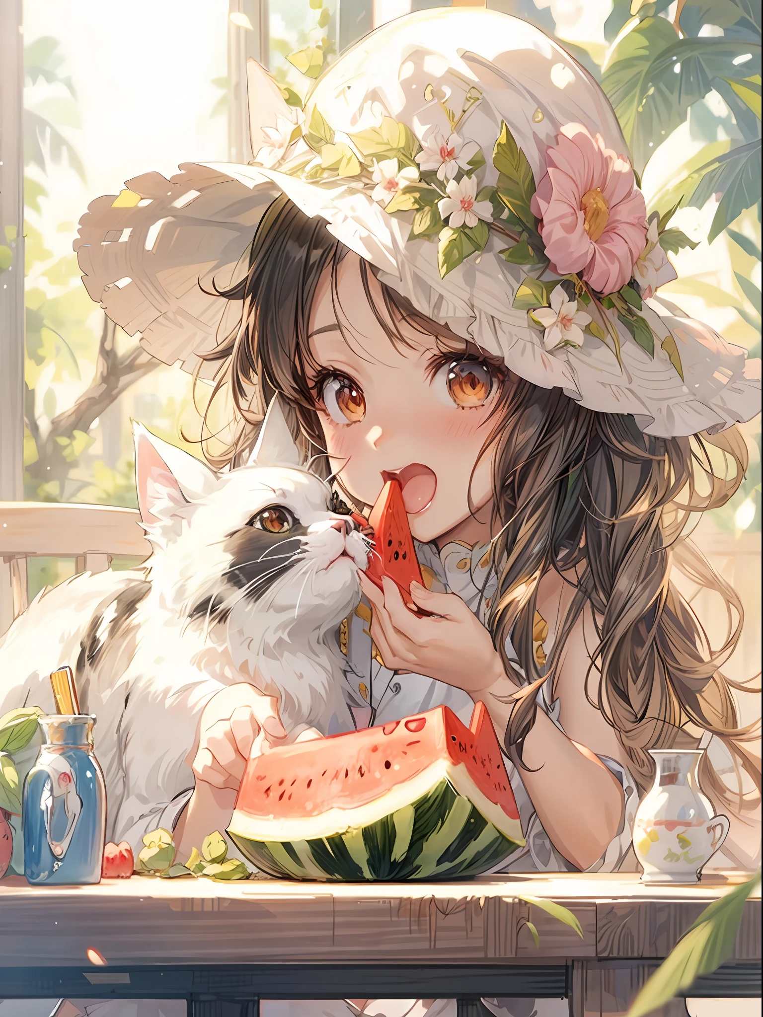 anime girl eating a slice of watermelon with a cat, guweiz, cute detailed artwork, artwork in the style of guweiz, beautiful anime catgirl, kawacy, cute anime, very beautiful cute catgirl, cute anime catgirl, by Eizan Kikukawa, cute art style, soft anime illustration, clean detailed anime art, anime illustration