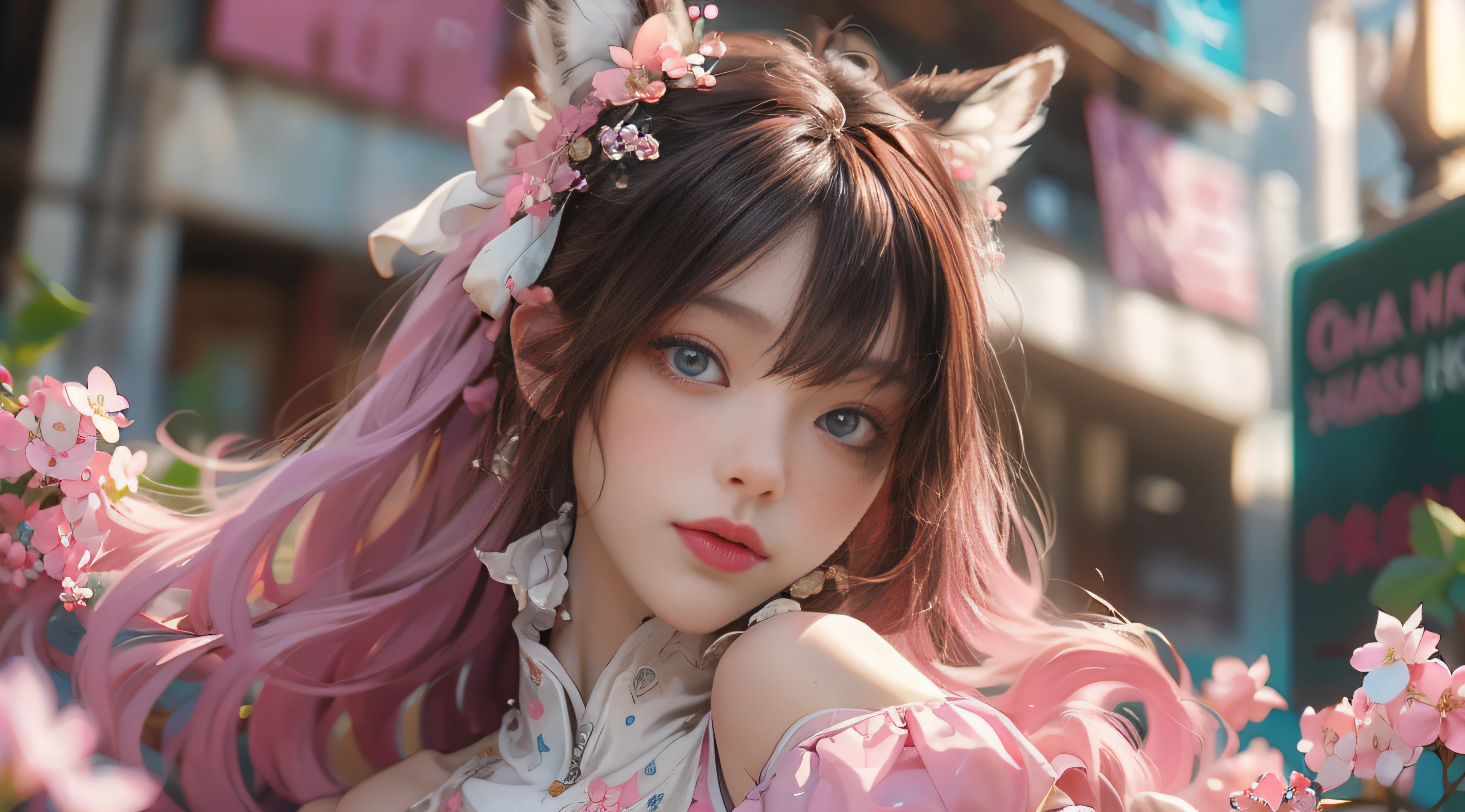 ((best qualtiy)), ((tmasterpiece)), (detail:1.4), Beautiful cyberpunk female images,hdr(HighDynamicRange),Ray traching,NVIDIA RTX,Hyper-Resolution,illusory 5,sub surface scattering,PBR textures,post-proces,Anisotropy Filtering,depth of fields,maximum definition and sharpness,Many-Layer Textures,Albedo e mapas Speculares,Surface coloring,Mitsu-Accurate simulation of material interactions,perfectly proportioned,rendering by octane,Two-colored light,largeaperture,Low ISO,White balance,Rule three points、8K raw data、Beautiful bright blue pupils,off-the-shoulder clothes,Fine pupils,Delicate face and eyes,long eyelasher,Blushlush,Delicate and fluffy hair,pink lip,Pure,Cute face,Sweet girl,Artistic sense,Casual wear,Advancedsense,butterflys,Cherry blossom petal,Beautiful hair accessories,Long hair and waist,Hair fluttering in the wind,Snow-white fox ears,curlies,Lots of white and pink,Complicated details