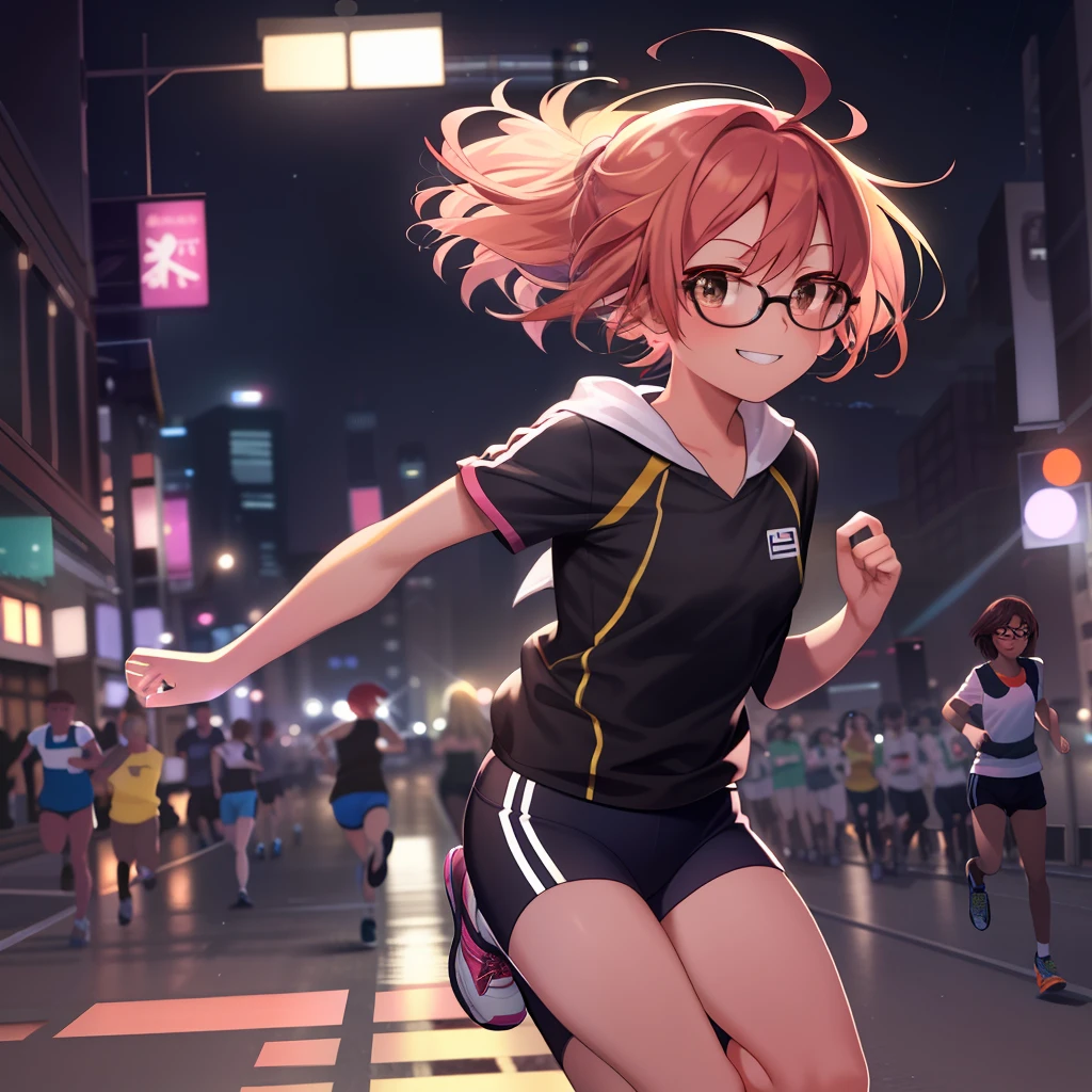 Best Quality, masterpiece, 1girl in, Solo, black-framed eyewear, pink orange hair, Brown eyes, Short bob hair, Flat_Chest, blush, Smile, Sportswear, (Running:1.3), (Night:1.5), From Side, Full body,