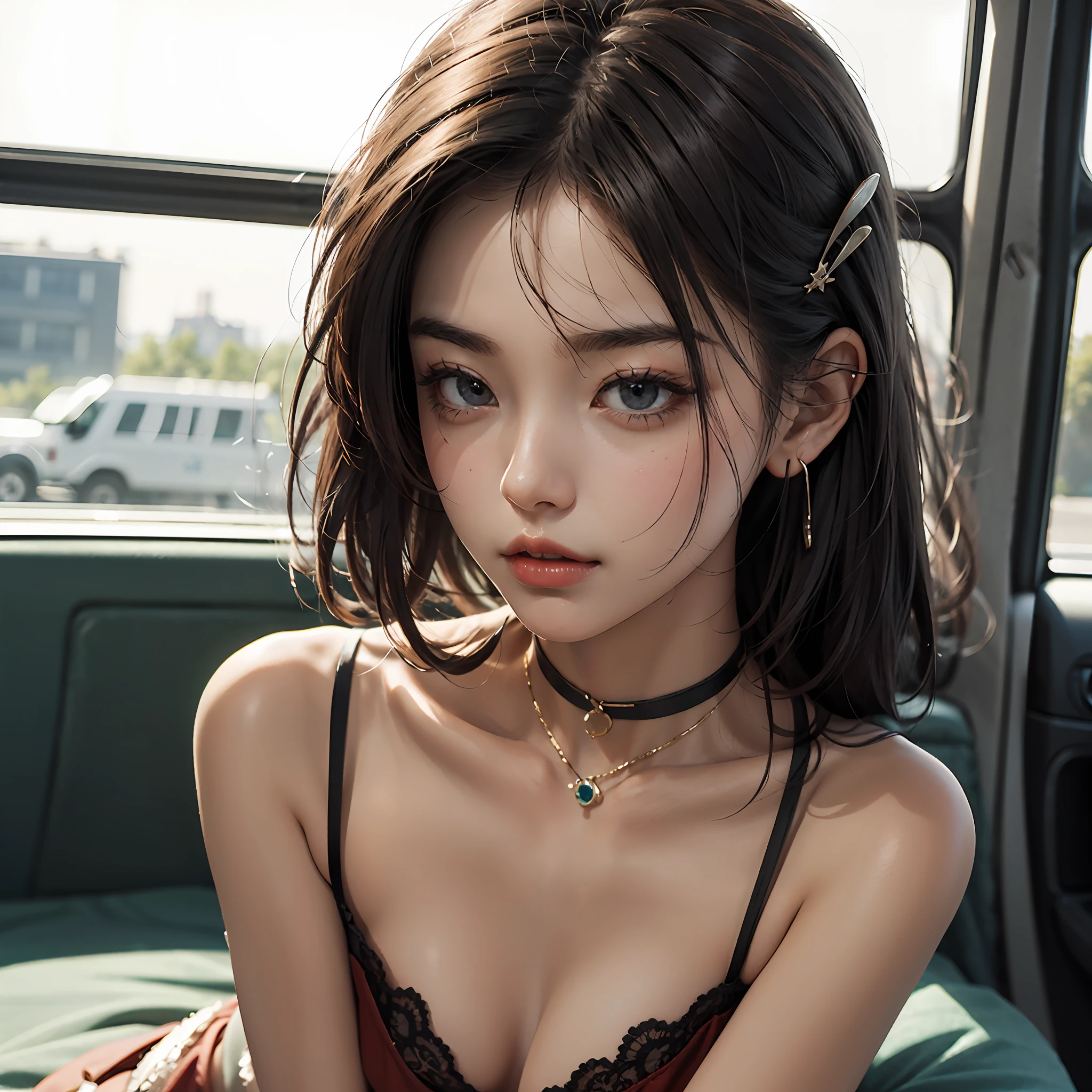 (((((Grey Stockings))))),(((1024K resolution))),Straighten your waist,Long legs, ((((Purple stockings:1.2)))), ((Japan Highway)),Simple background。The small mouth opens slightly,White skin,((Messy hair,Ultra-fine hair)),Slim,The most beautiful woman in the world,dark red lips,most realistic,Head flower,Hairpins,sensual lingerie,Skin texture。be full of details,ellegance,Tie up your hair,realisticlying,up-close