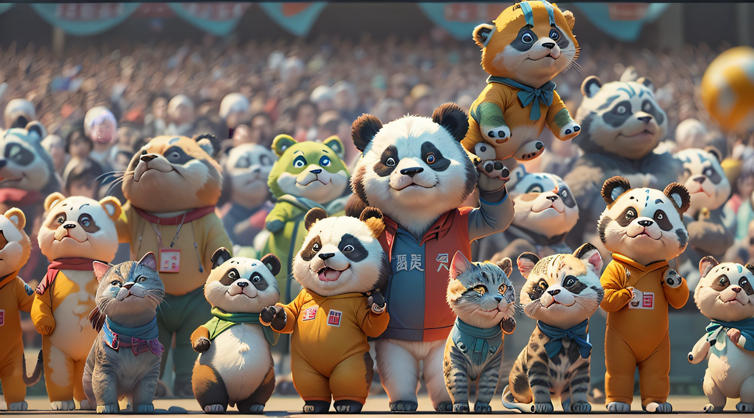 A scene，Chengdu's iconic stadium hosts an unprecedented event， Giant panda characters fly happily，Chinese giant panda，Doggy，Cats and various animals participate in the competition，Anthropomorphic expressions and actions，Chengdu Universiade，Cheer for the critters，The scene is lively，Motivating，The background is crowded，Games theme，The picture is high-definition and fine，64k， still from live action movie, frame from pixar movie, From the movie, Chipdale, official render, still from pixar movie, animated movie still, screenshots from movies