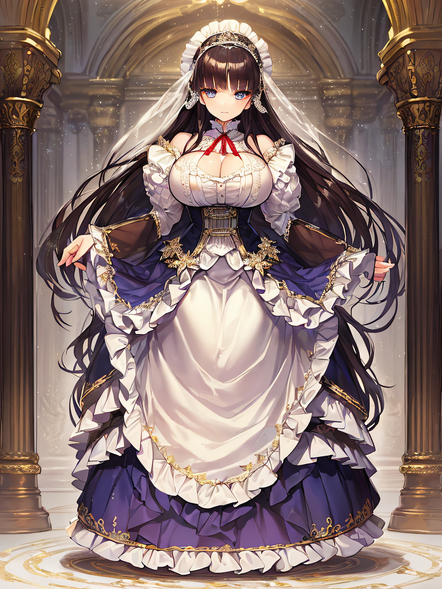 ((anime artstyle)),(Masterpiece),(Best Quality), (Super Detail),((Very Delicate and Beautiful)),((Solo)),((full body)),((1 princess in gorgeousfull victorian dress with voluminous skirt)),detailed face and eyes,jewel-like eyes,((voluminous Very Long Straight Hair)),((gorgeousfull embroidery and lace)),gorgeous corsage,See-through,gorgeousfull hair ornament,gorgeousfull glitter jeweled tiara,ornate ruffles,((gigantic breasts,Long breasts)),skindentation,((full body)),((hoop skirt,crinoline)),standing pose,Dynamic Angle,Looking at viewer,royal palace,(((gorgeous embroidery gorgeousfull victorian dress with voluminous skirt)),full body