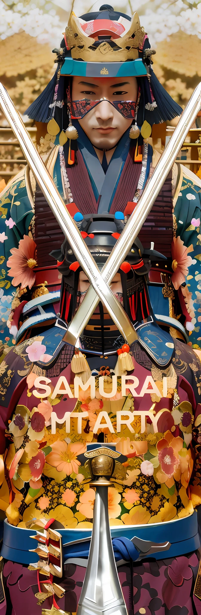 There is a large statue of a man holding two swords,Dressed in samurai costumes and armor,Small cherry blossoms fall around。