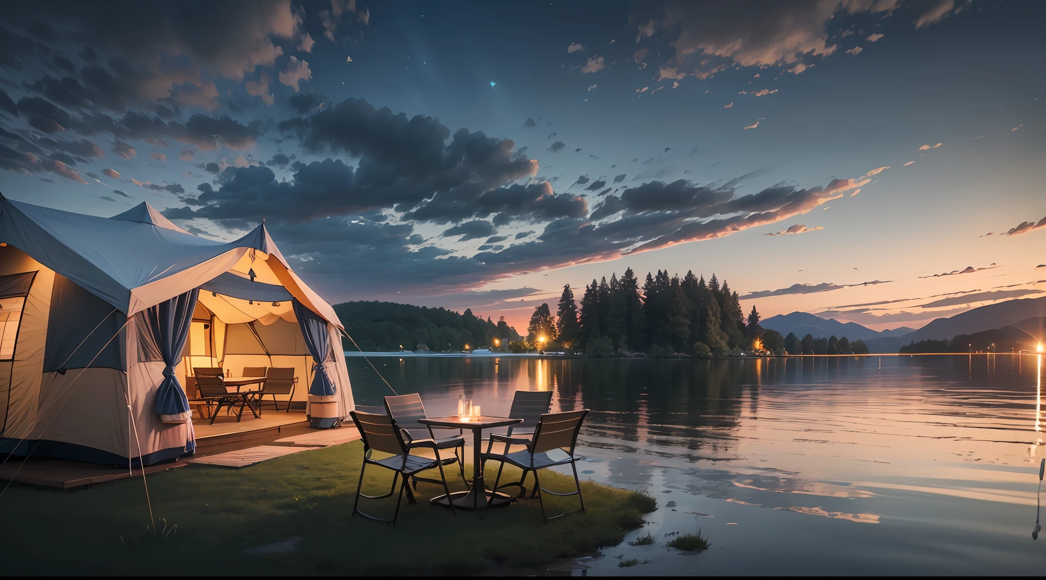 Glamping, Detailed Wide Angle Shot, Panorama Shot, Lakeside Tent, Chairs and Table Setting, Summer Dusk Background, Camp Area Setting, Wide Angle Panorama Shoot, EOS 5D Mark IV Shoot, Summer Lake Zone Setting, Surroundings including Lake and Yard.