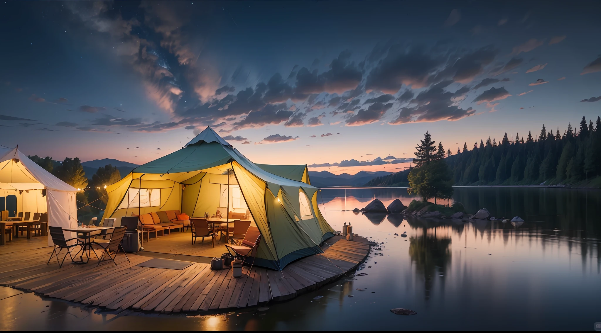 Glamping, Detailed Wide Angle Shot, Panorama Shot, Lakeside Tent, Chairs and Table Setting, Summer Dusk Background, Camp Area Setting, Wide Angle Panorama Shoot, EOS 5D Mark IV Shoot, Summer Lake Zone Setting, Surroundings including Lake and Yard.