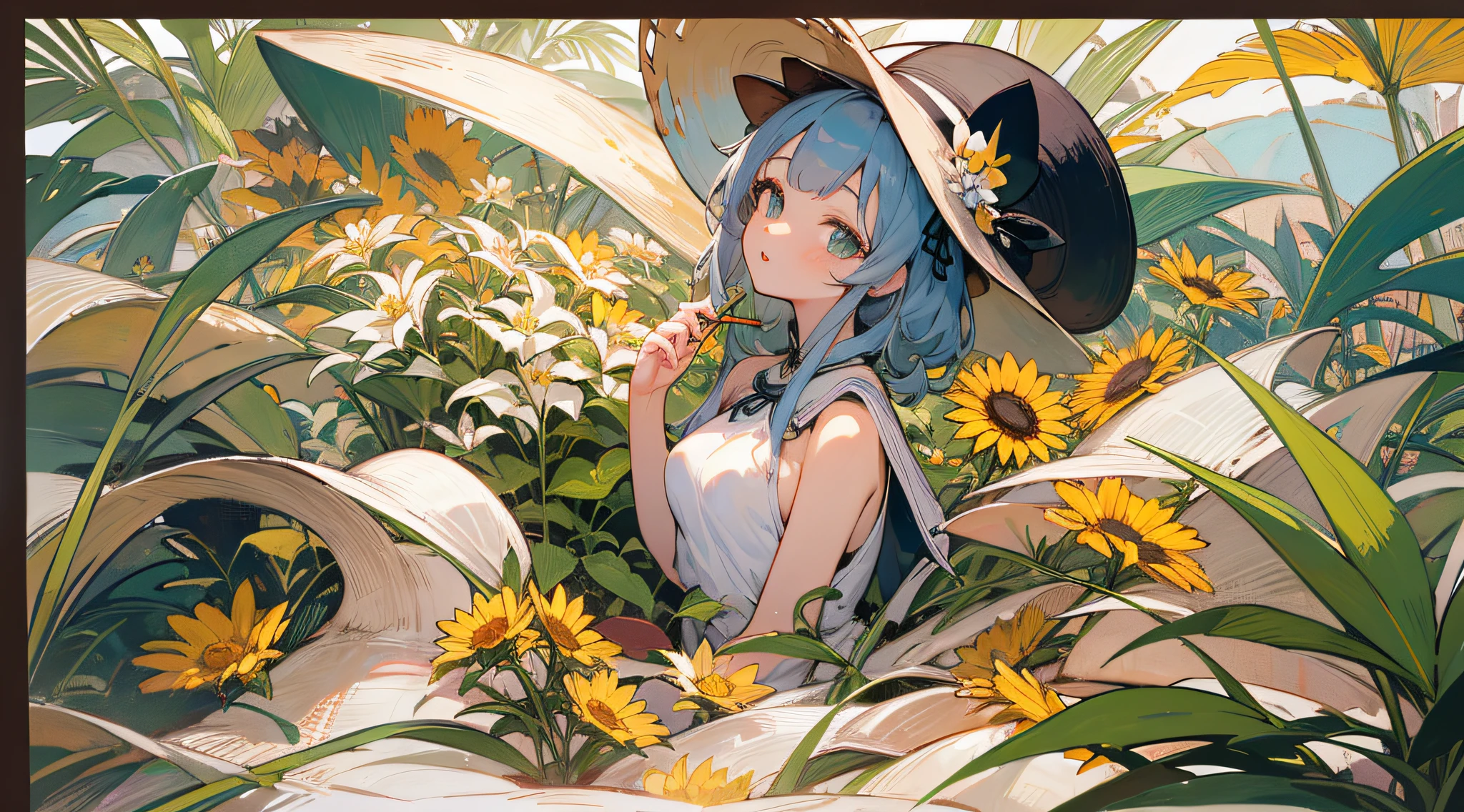 光线追踪,{top-quality}, {{masterpiece}}, {hight resolution}, original, Very detailed 8k wallpaper, {extremely delicate and beautiful},incredibly_absurdres,colourfull,intricate detailes,artbook,florals, 1girl in, Hats, a plant, straw_hat, fronds, lily_\(florals\), potted_plant, sleeveless, 独奏, looking_at_viewer, Sun flower, hat_flower, breastsout, bare_shoulders, bangss, medium_breasts, upper_body, parted_lips,White skirt, Full body like