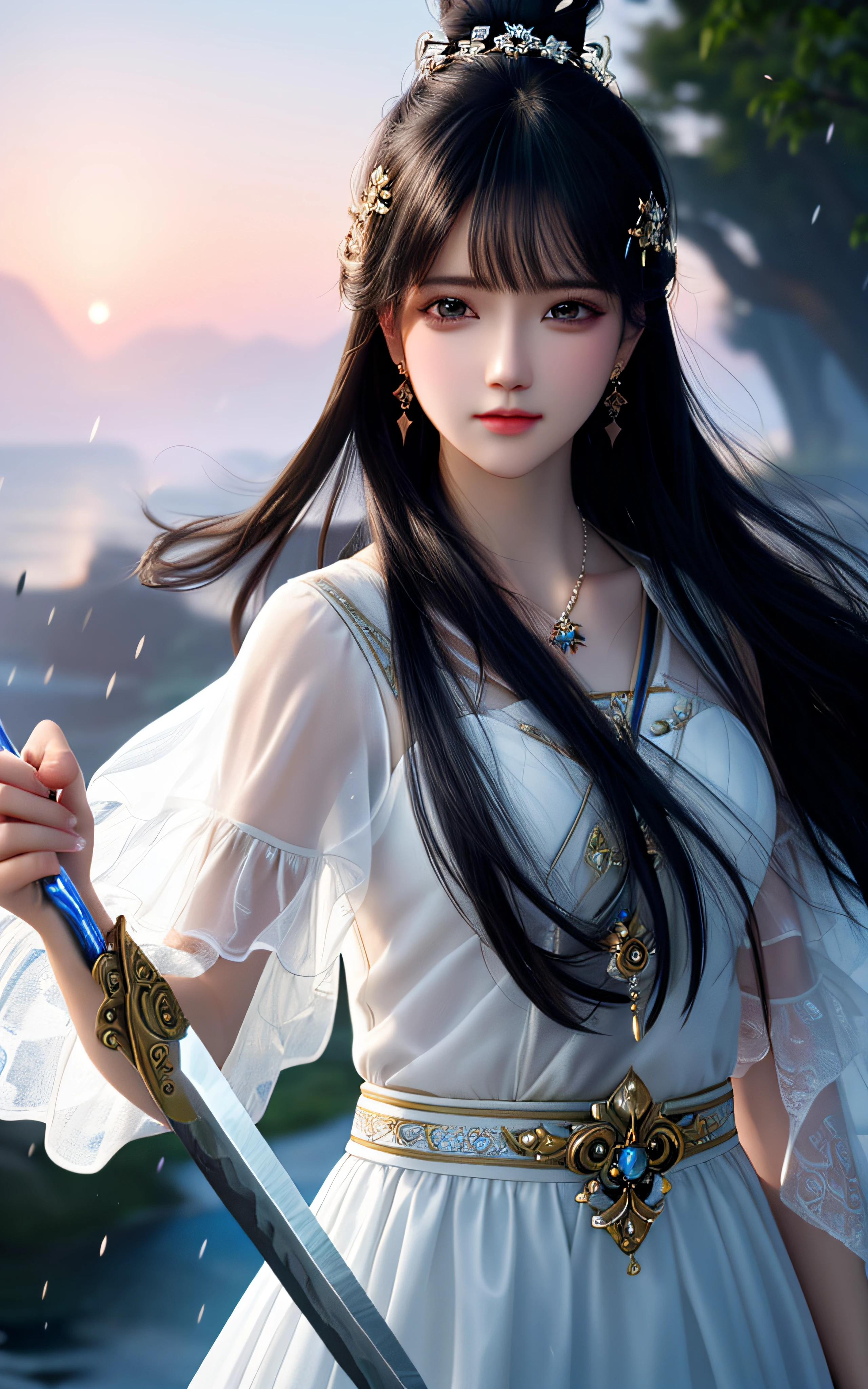 best quality,masterpiece,highres,cg,
1girl,weapon,sword,long hair,dress,water,solo,jewelry,white dress,earrings,hair ornament,splashing,upper body,hair bun,black hair,
lighting,candid,Photograph,high resolution,4k,8k,Bokeh,