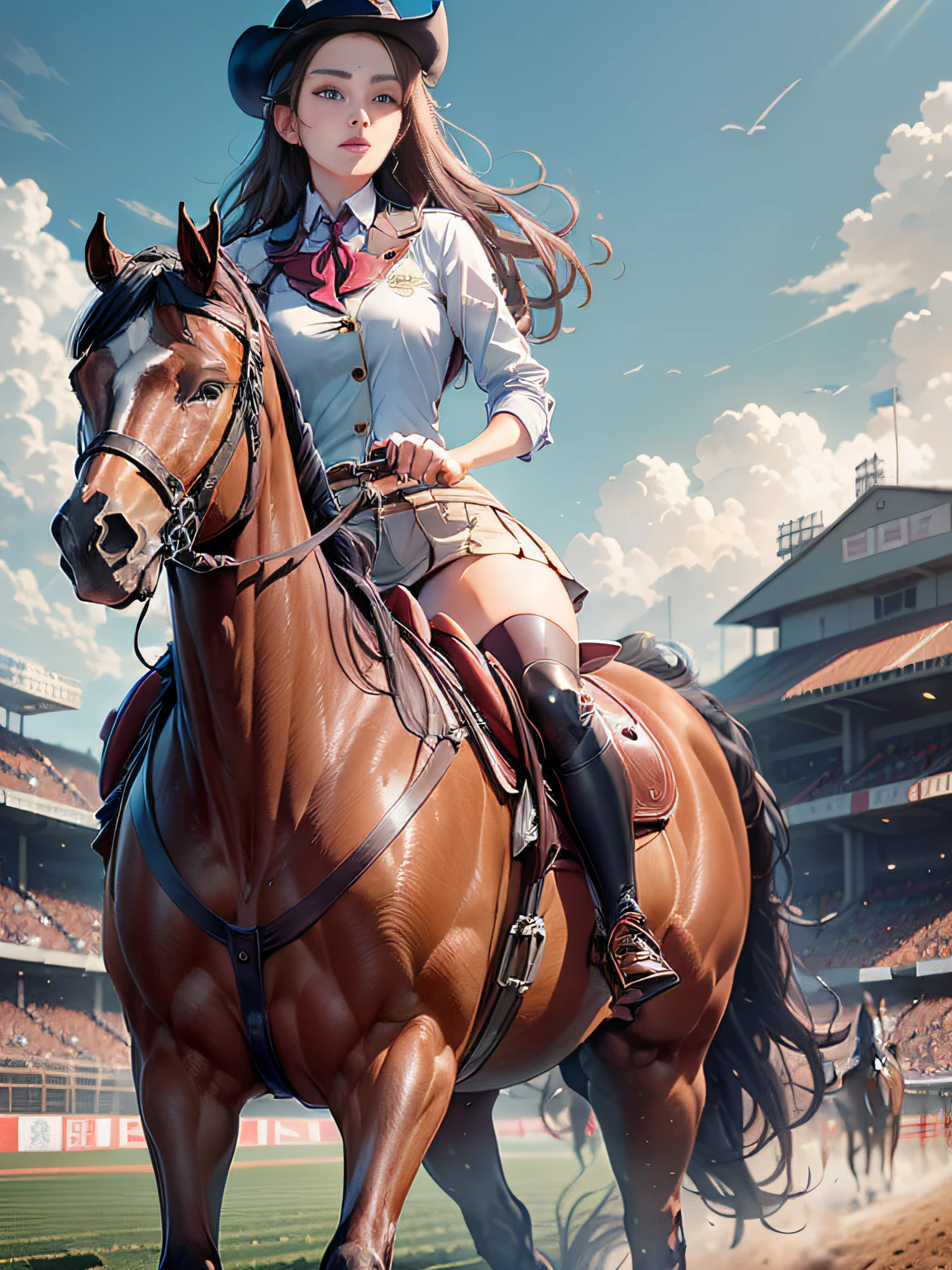 retinas, masutepiece, ccurate, ((Anatomically correct)), Textured skin, Super Detail, high details, High quality, awardwinning, Best Quality, hight resolution, 8K,British equestrian of female aristocracy、Dynamism,Powerful,(Overcoming obstacles on horseback),a classy woman,Beauty aristocracy,Equestrian School Uniforms,Cute s,Students and Female Teachers、Riding a horse with the reins in your hands、Feeling of sprinting、Running horses,(Horseback riding exercises),A detailed face、Horse riding practice,Field Stadium、Oblique view from above、
