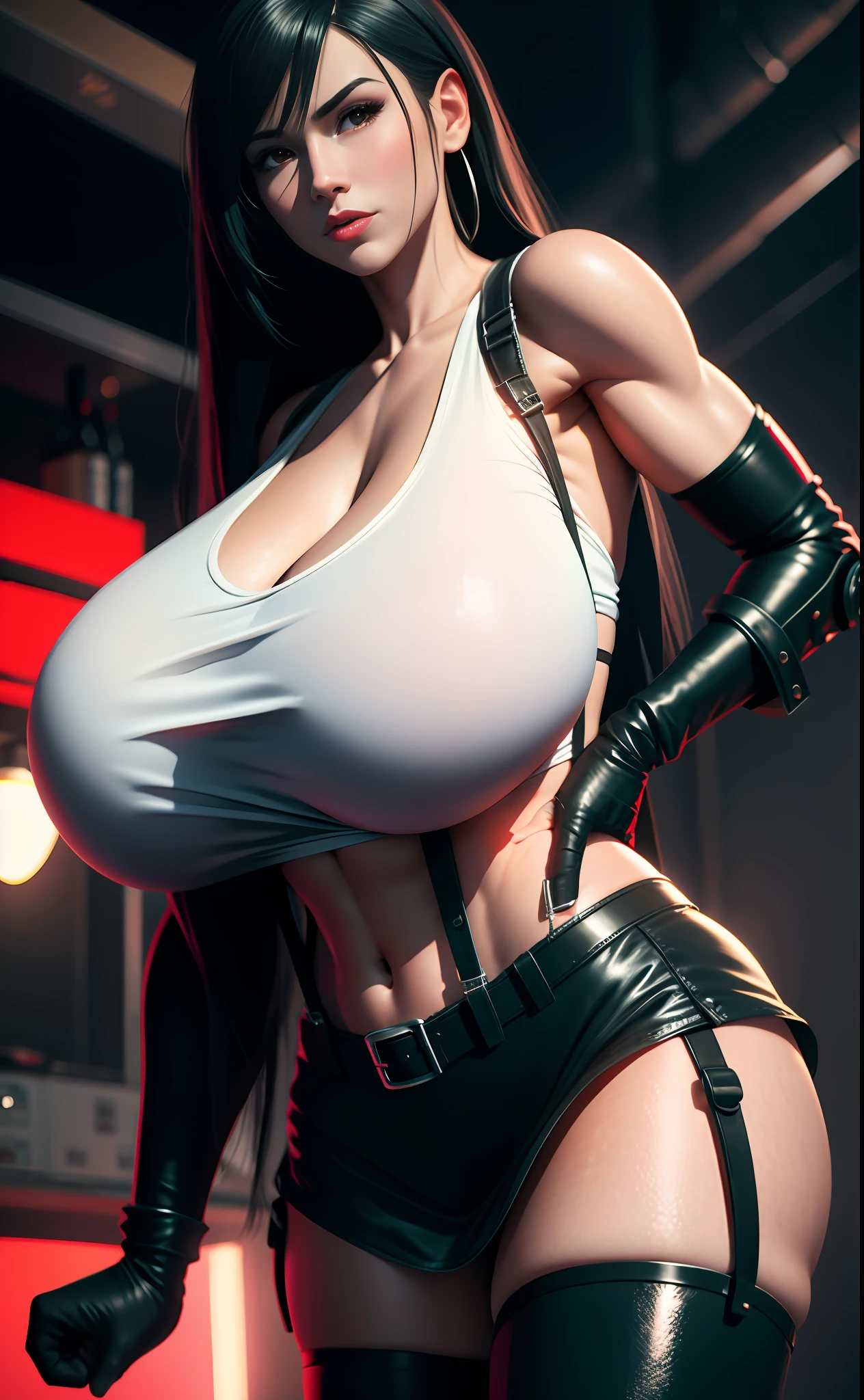 Tifa lockhart, tifa_lockhart, ff7, sultry face, (white tank top:1.2), black latex miniskirt, (black long hair), hair bangs (red eyes:1.3) long eyelashes, beautiful red eyes with brightness, surrealism, shadow, stereogram, (photorealistic, realistic: 1.2), POV, atmospheric perspective, cinematic lighting, ray tracing, 8k, super detail, best quality, masterpiece, well detailed, (Canan EOS R6, 135mm, 1/1250s, f/2.8, ISO 400:0.9), in a modern industrial apartment, red combat gloves, big breasts, slim, (huge breasts:1.5) (view from front)