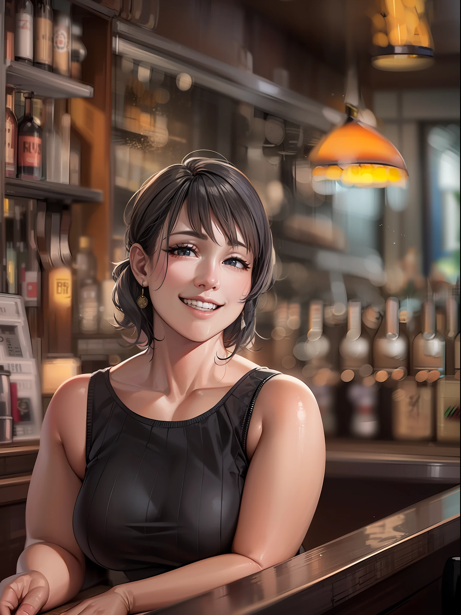 A 40-year-old woman、Sitting at the bar counter,Being in a beer pub、ultra gigantic tits、Huge Huge Huge Bust、nursing、adult lady、amorous、smil、drinking beer、🍺、