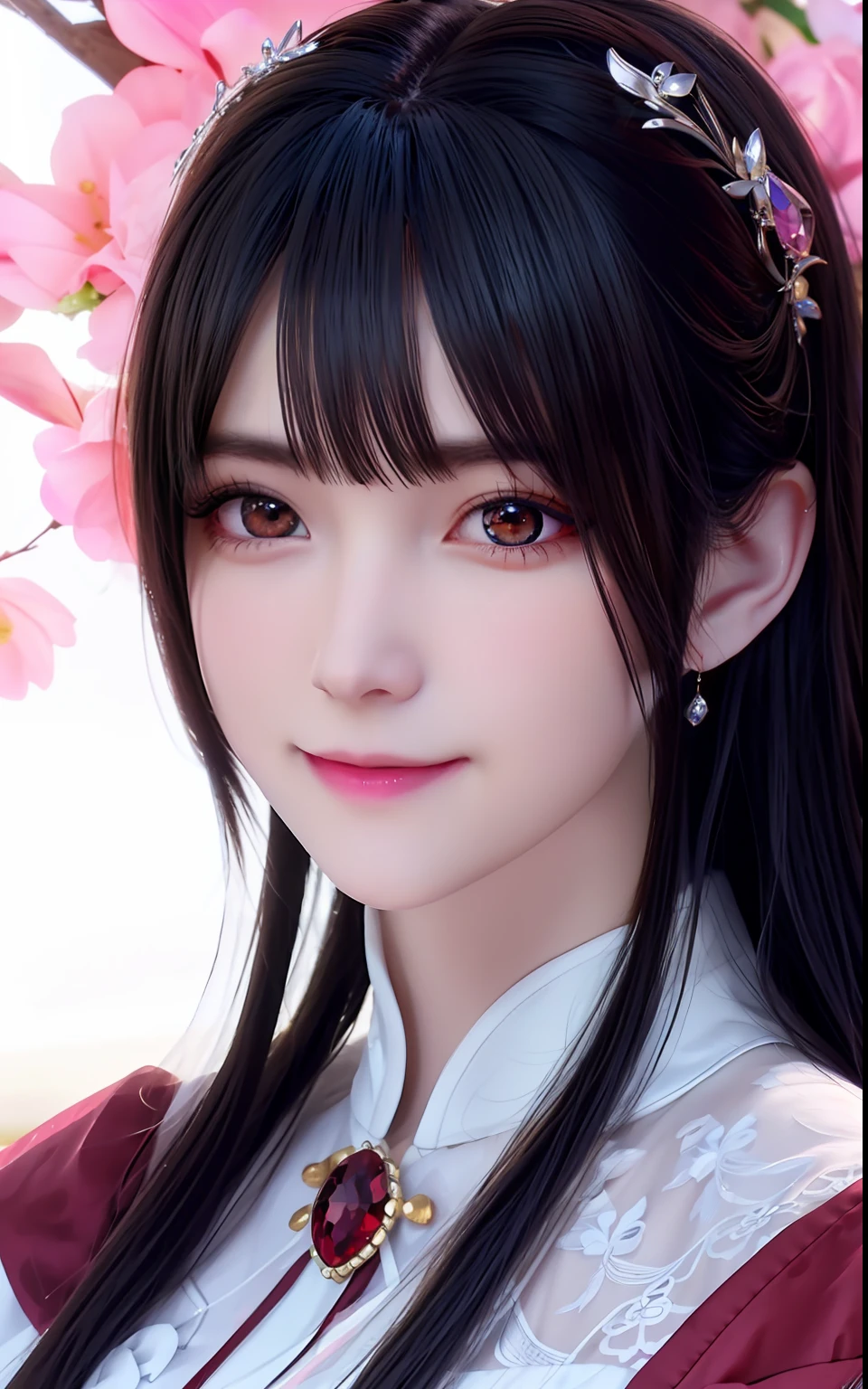 ulzzang -6500-v1.1, (Photorealsitic:1.4), animesque、anime styled、ssmile、portraitures、Beautiful, Moist pink eyes like crystal clear glass、Beautiful detailed woman, extremely detailed eye and face, Beautiful detailed eyes,  huge filesize, ultra-detailliert, hight resolution, ighly detailed, top-quality, ​masterpiece,  illustratio, ighly detailed, nffsw, unification, 8k wallpaper, splendid, finely detail, ​masterpiece, top-quality, Highly detailed ticker uniform 8K wallpaper, Light on the Face、电影灯光、19-year-old girl