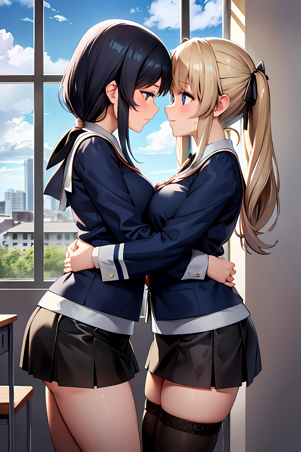 ((black knee-high)) (((mini skirts)))"Draw a picture of two girls, bobcut girl and twintail hair girl, around the age of 12, hugging each other while gazing into each other's eyes. girl are wearing cute feminin school uniforms.
She has a warm and loving expression on her face, with her eyes locked onto the bobcut girl's,
She has a soft and
affectionate expression on her face, with her eyes locked onto the twintail girl'
Both girls are standing in a school classroom
There is a blackboard and clock on the wall.
and desks and chairs are lined up
There is a large window with a view of the residential area outside They are embracing each other tightly, with their foreheads touching and They are kissing passionately. The atmosphere is peaceful and intimate.
"((yamanosusume)) (RozenMaiden)
Super realistic!, Photorealistic. by Alfons Maria Mucha by UnrealEngine5, depth of field,
Open window with city view
Mischievous grin on her face,NSFW((Blue sky and realistic clouds outside the window))