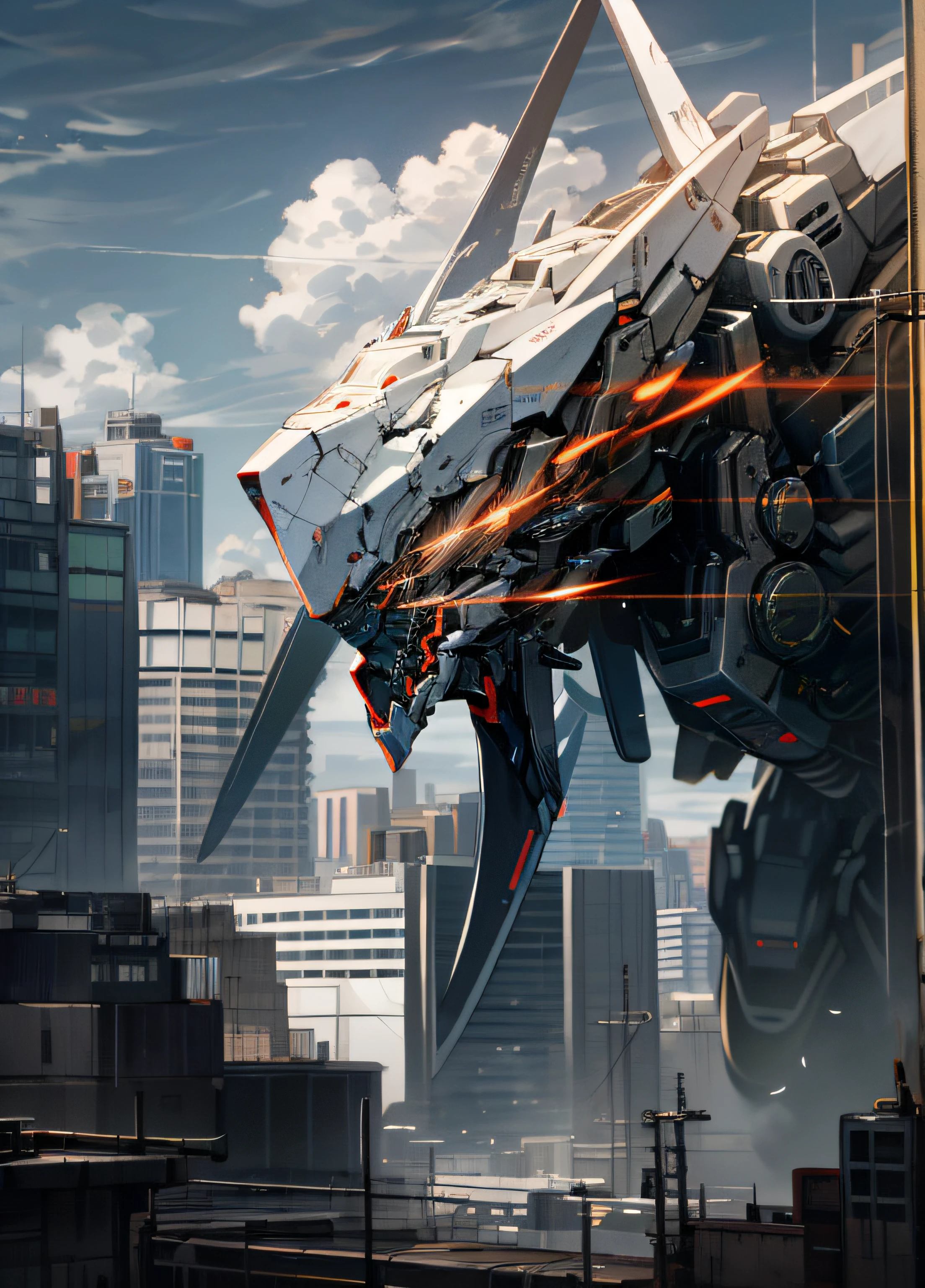 sky, cloud, holding_weapon, no_humans, glowing, , robot, building, glowing_eyes, mecha, science_fiction, city, realistic,mecha